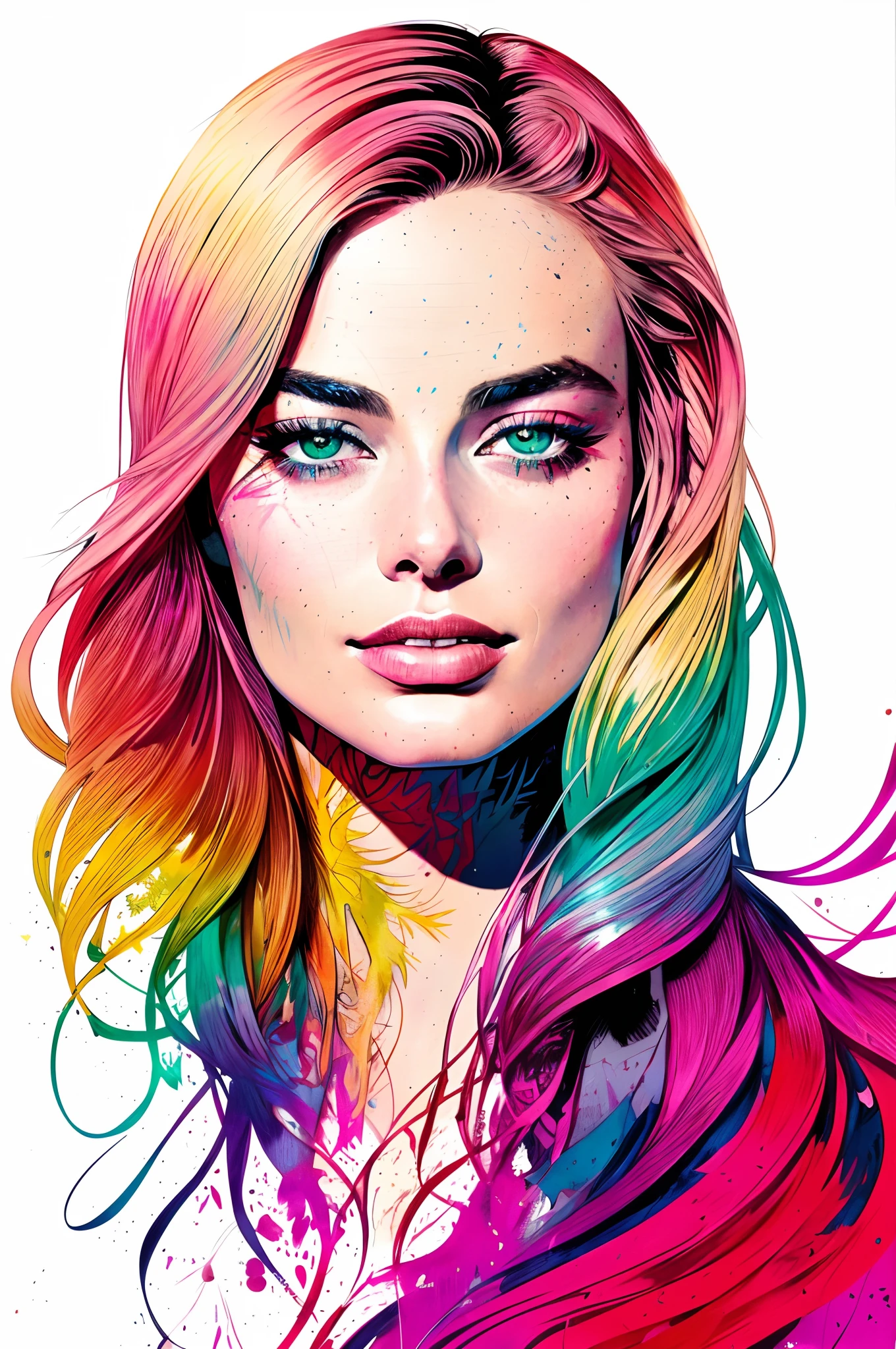 Margot Robbie, centrada, visual clave, intrincada, altamente detallada, Belleza impresionante, Lineart preciso, Vibrant and complete cinematics, Carne Griffiths, Conrad Roset, (the most beautiful portrait in the world: 1.5)