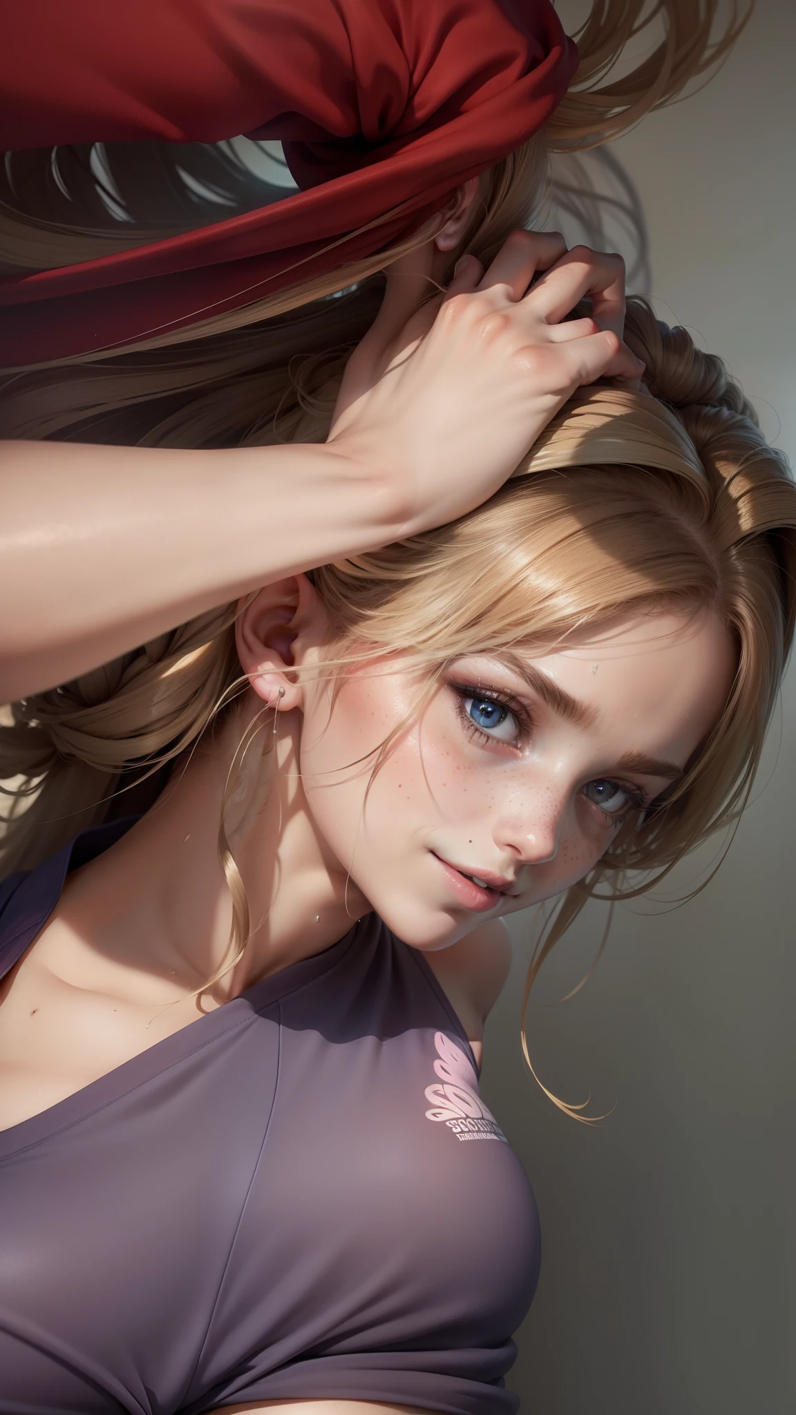 (best quality, masterpiece1.2), (detailed eye:1.2), intricate detail, depth of field, 20 years old girl, standing, athletic, gym, twisted torso, sweat, head tilt, see-through, blonde, freckles, blush, steaming body, (oversized tank top), (backlight:1.2), twisted torso, (muscular:0.6), (long hair:1.2), looking at viewer, smile, socks, sneakers, (sweat), leggings