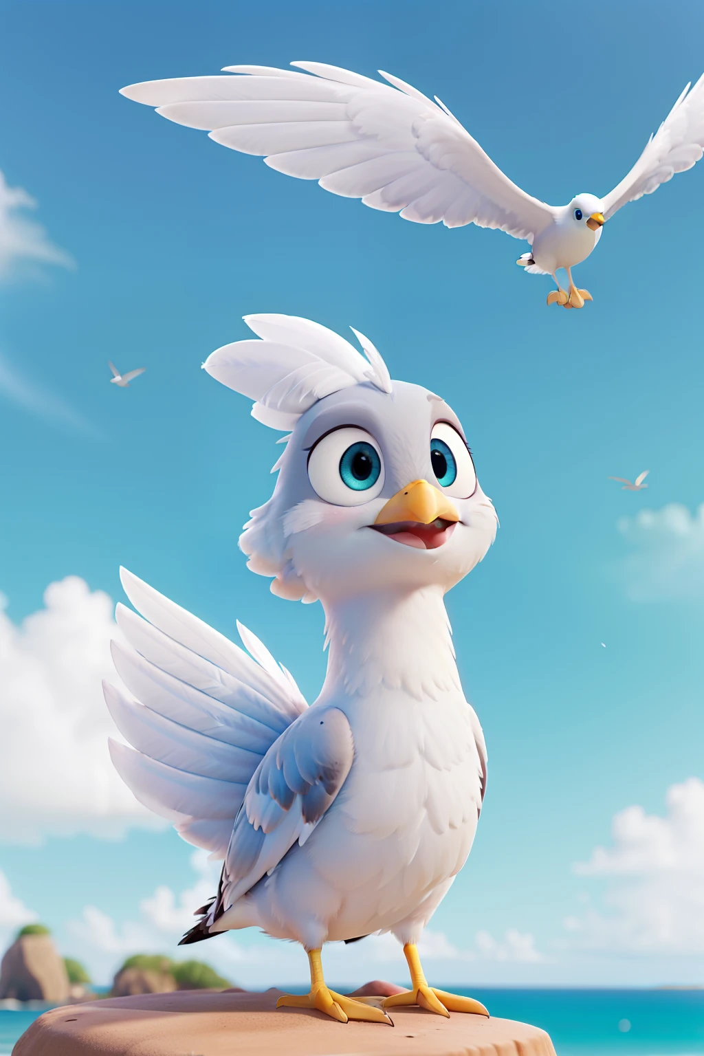 Gary is a medium-sized, sleek seagull with white feathers, gray wings, and bright blue eyes that always seem observant. He has a slightly raised feather tuft on the back of his head, akin to Jerry Seinfeld's iconic hair. Disney/pixar style