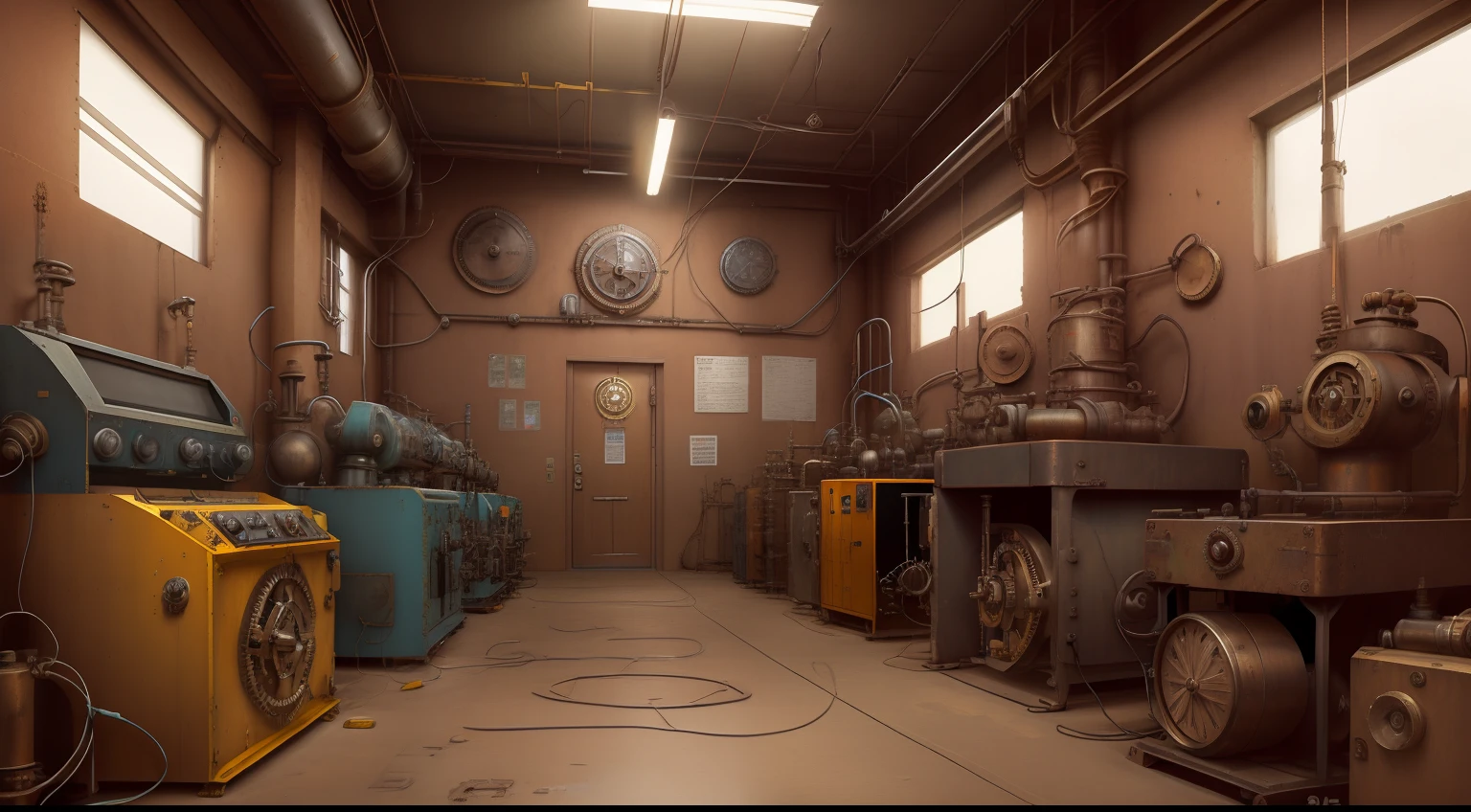 ELECTRIC MOTOR REPAIR ROOM, bancadas, medidores, steampunk, local claro, cobre, sem pessoas