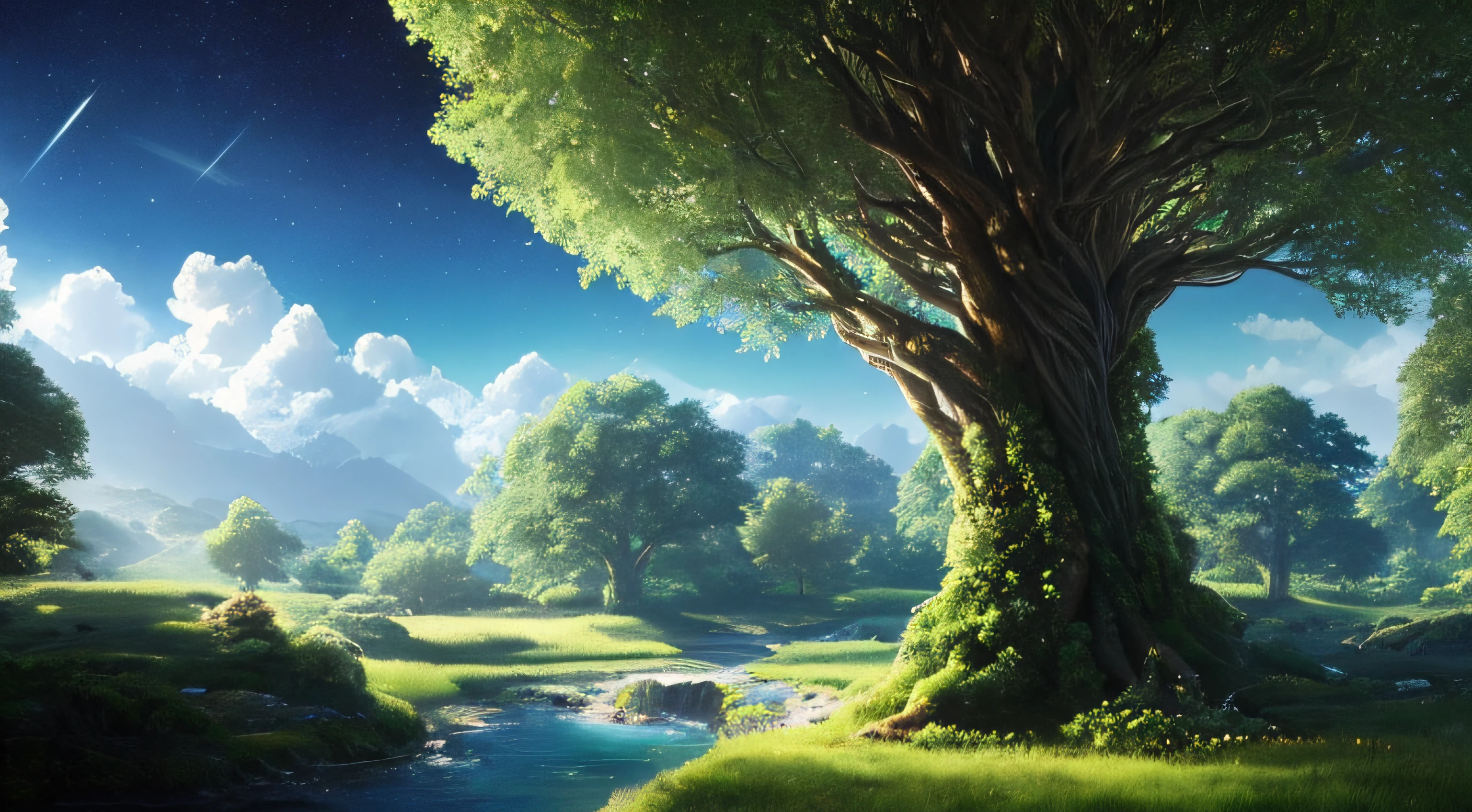 Illustration of a hyperrealistic , otherworldly, ultrasky scene featuring a giant crystal tree full body,very detailed and magical lighting, intricate forest details, vegetation and river around, solarpunk ,landscape, giant tree, beatifull leafy with beautiful lighting and realistic proportions, as if it were a cinematic background, 8k, highest quality, masterpiece, clouds and stars in the sky.