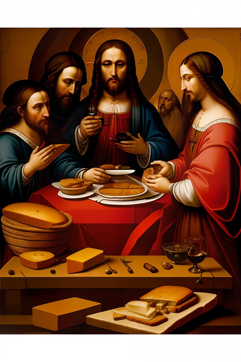 criar pintura realista, renacentista, ano 1654, cristo pregando para os 12 apotolos, Table with bread and wine, ultima ceia, estilo leonardo da vinci