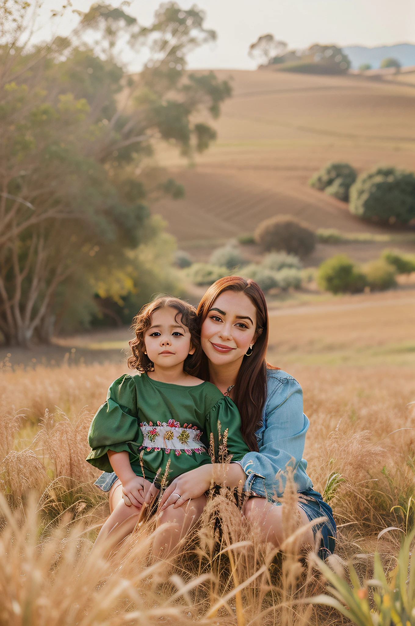 There is a woman and a child sitting in a field, family photography, em um campo de trigo, fotografia materna 4K, posando no campo de trigo, retrato de alta qualidade, foto de uma bela, em um campo, 7 0 mm portrait, Retrato de 50mm, Retrato de 60mm, imagem retrato, sentado em um campo, profissionalmente colorido, nos vastos campos de trigo