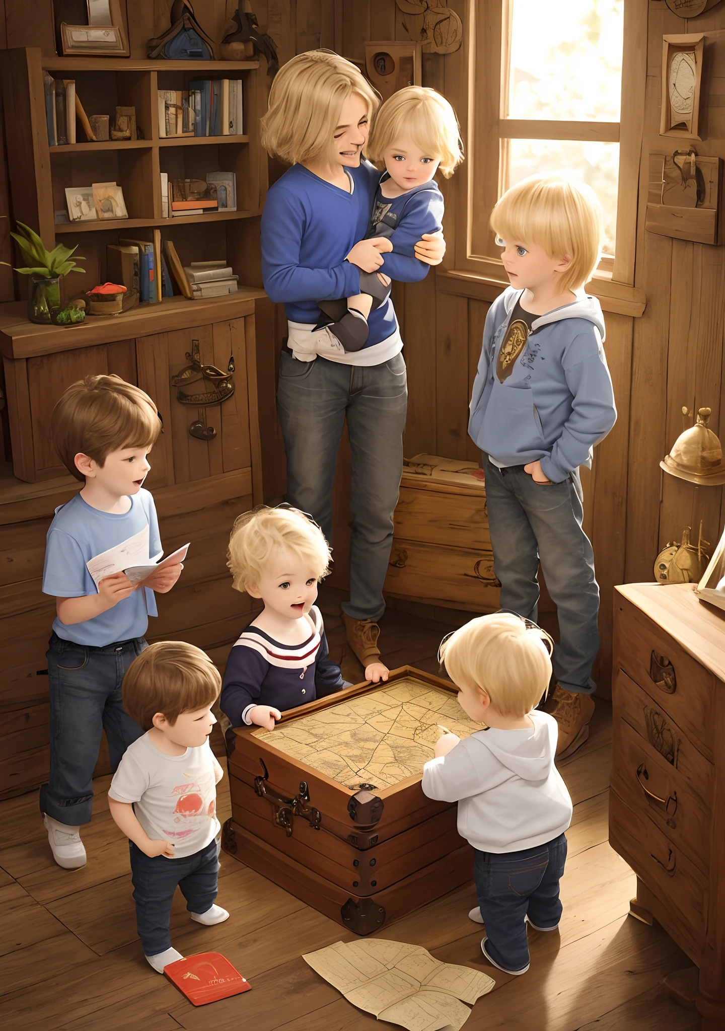 Quero dois irmaos um 10a anos o outro de 6 anos , in a room finding a wooden chest and a treasure map, the older brother is blond and the smaller is brunette, tipo livro infantil , quero lindo e fofos, high revolution, --ar 16:9,