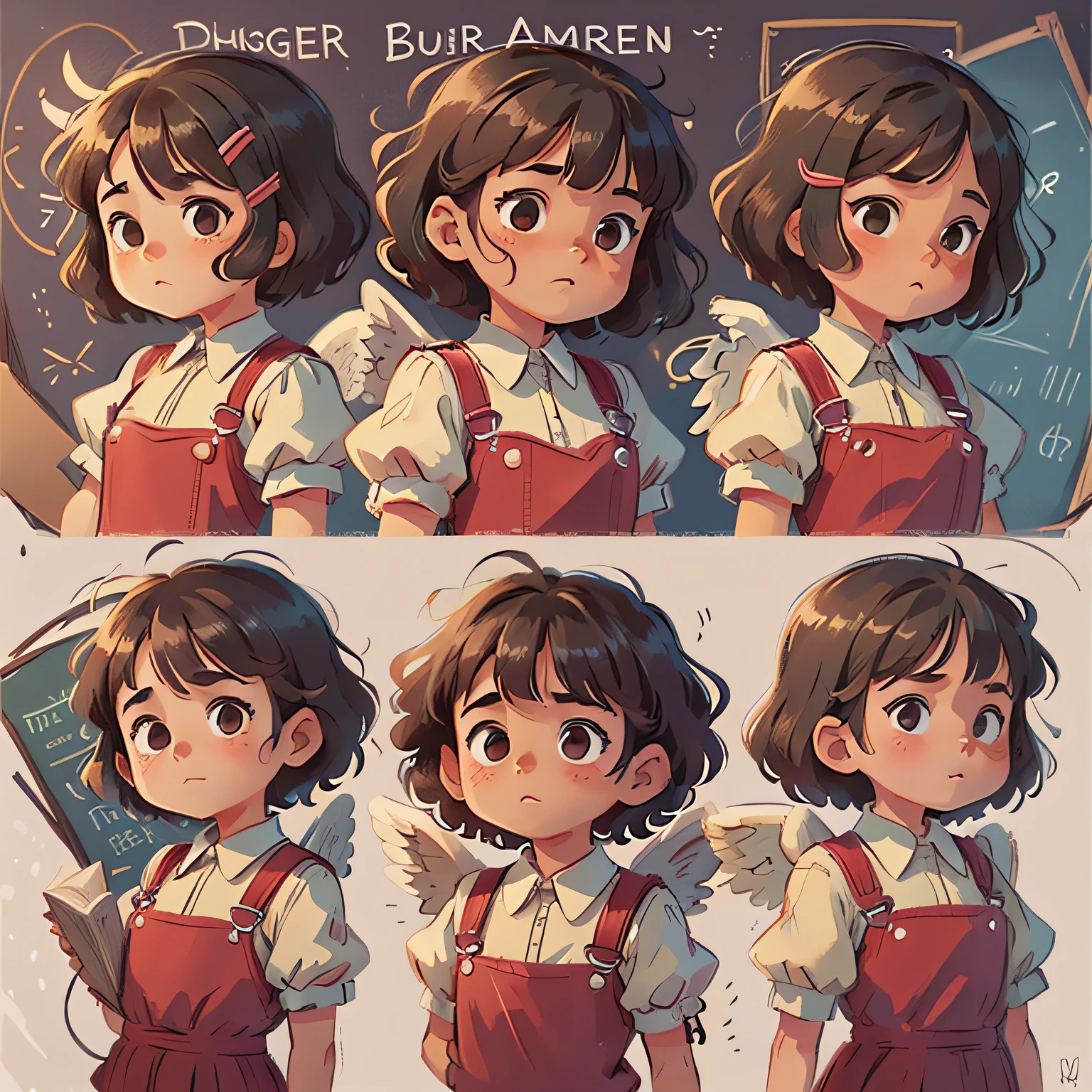 a girl with short curly hair, 
different angels, 
in the style of reb book charecter, 
charecter sheet, white background,
adjective + object, character sheet,
children book character