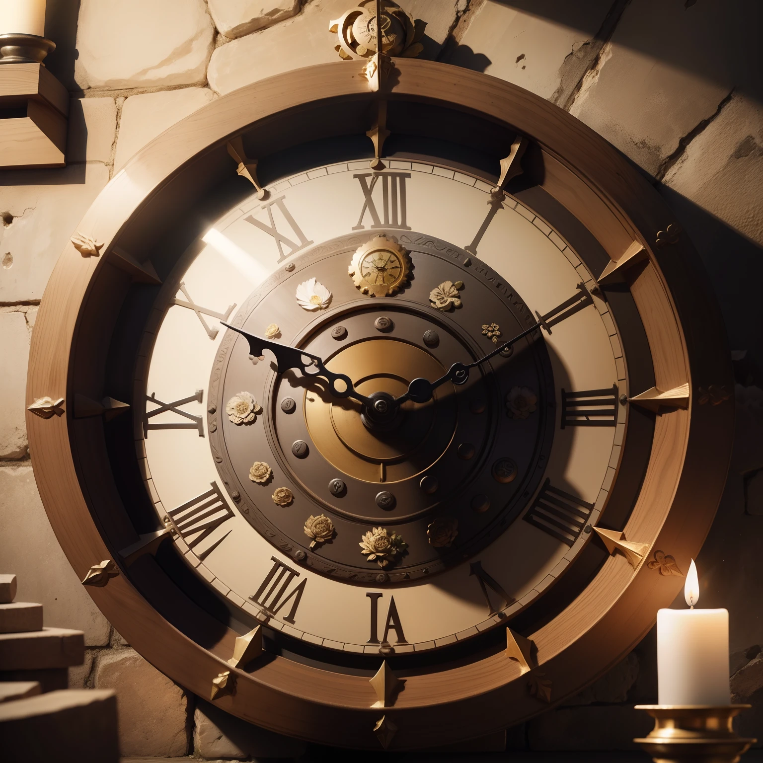 Roman clock, caverna com luz, caveira e flores