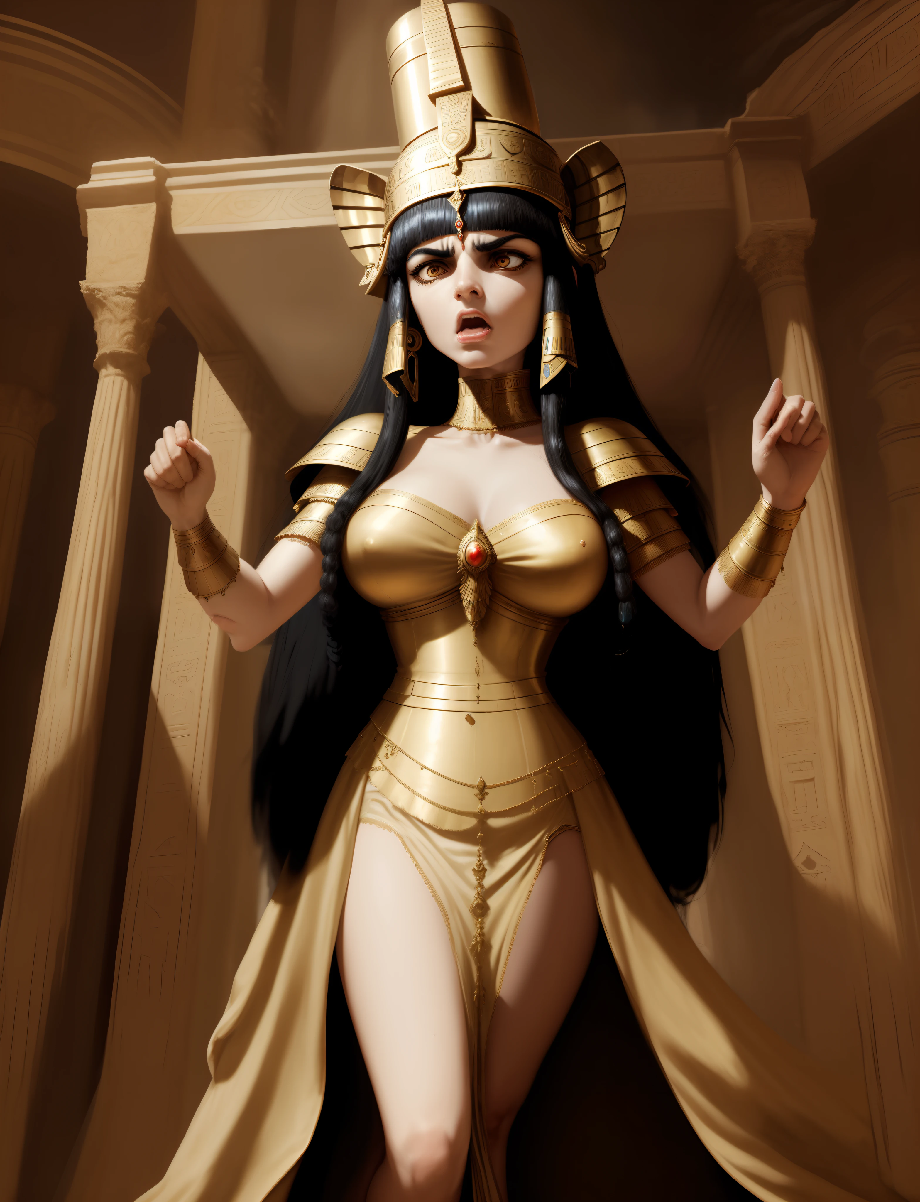 Wide angle of  very angry Cleopatra in the  royal room shutting loudly, adorned in an exquisite and chaste dress, emitting an alluring and magical aura, high quality, high detailed faces." High detailed faces