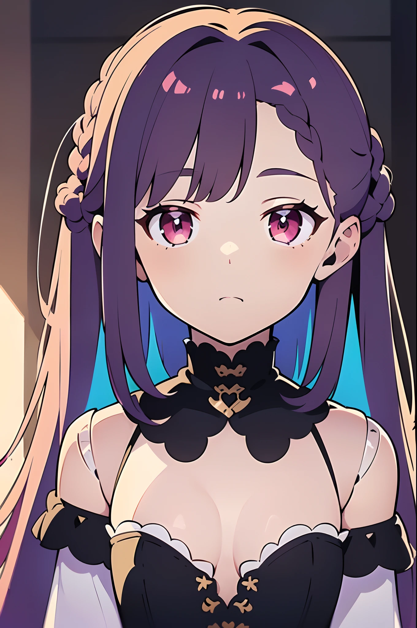 ((masterpiece, illustration, best quality)), (Composition: face only, close-up), 1girl, solo, dollgirl, simple doll joints, light purple hair, long hair, french braid, red eyes, heart shaped hands, ((jitome, :<, the dollgirl has a characteristic innexpression but she still looks cute)), colorful background