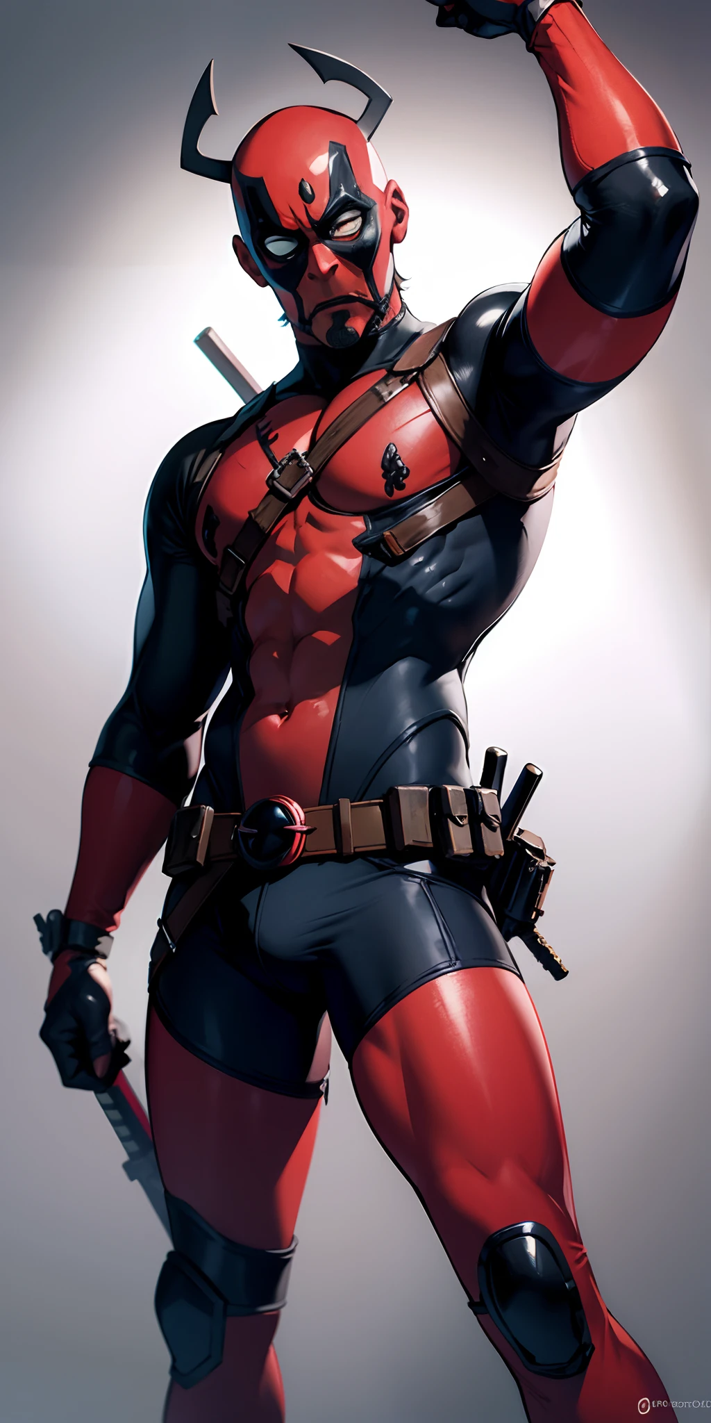 Fusion dodeadpool e hellboy, corpo masculino e forte, com biotipo ectomorfo forte e definido