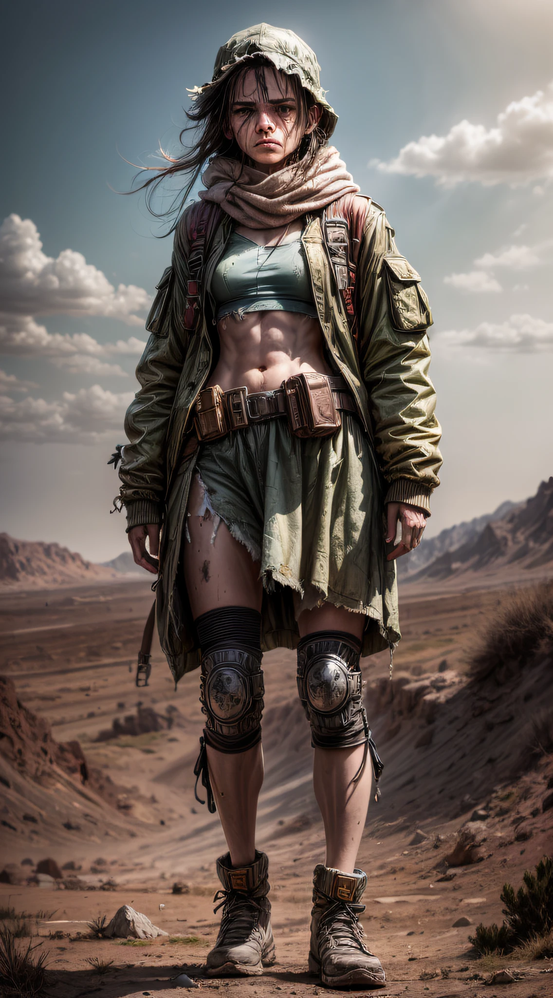 In a desolate wasteland, a figure emerges, their torn clothes bearing witness to the harsh environment they have endured. The scene exudes an atmosphere of desolation, with a barren landscape stretching into the distance. The individual's body showcases visible scratches, scars, and bruises, evidence of the hardships they have faced. Their expression reflects a mixture of fear and sadness, capturing the emotional toll of their journey through the wasteland. This full-body depiction in high definition brings these details to life, allowing viewers to empathize with the subject's plight. The 9:16 aspect ratio enhances the vertical composition, emphasizing the figure's presence against the backdrop of the unforgiving wasteland