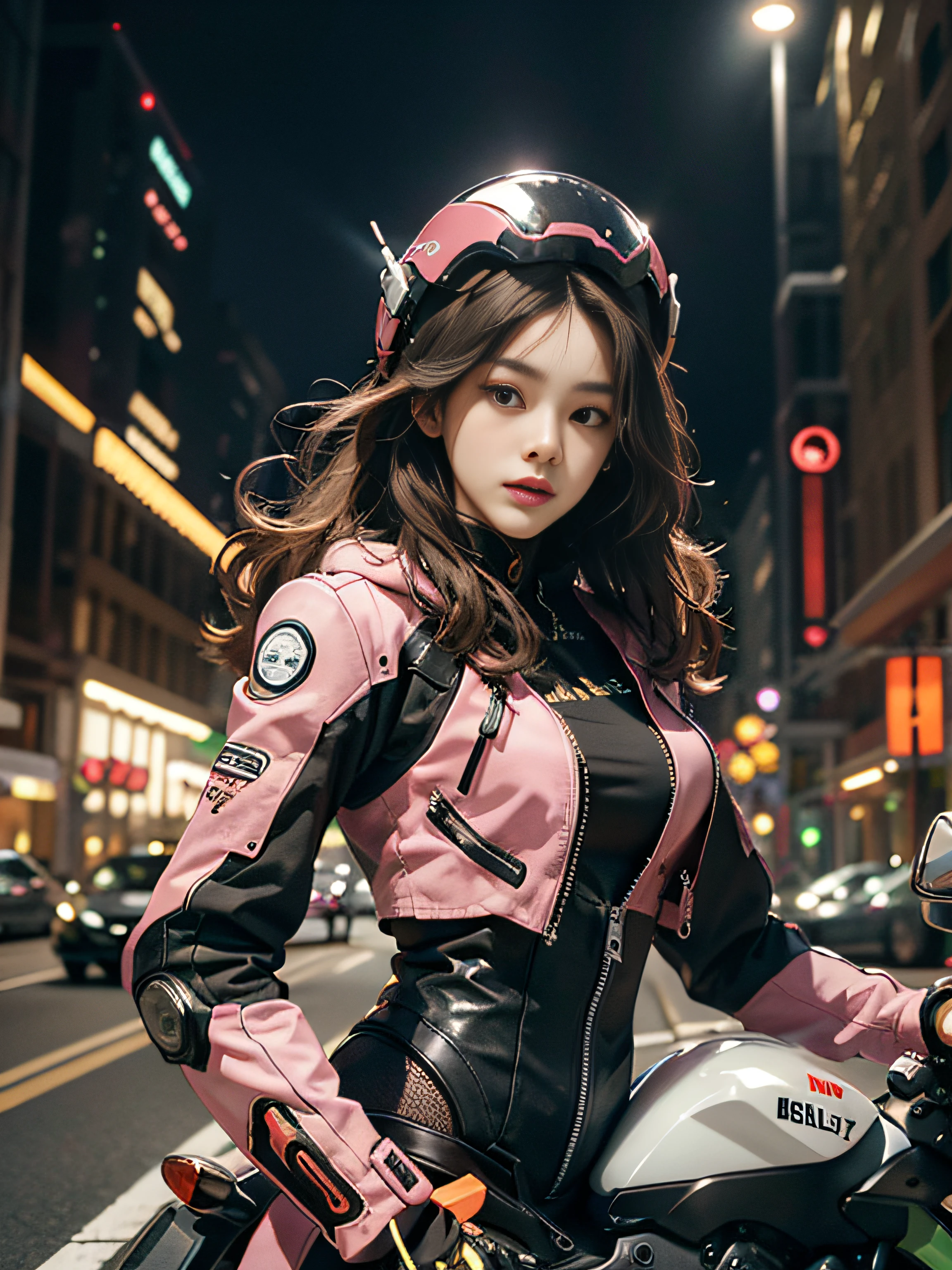 Highest image quality，Outstanding details，超高分辨率，（Fidelity：1.4），The best illustration，Favor the details，Highly cohesive 1girl，He has a delicate and beautiful face，Dressed in pink mechs，wearing a mech helmet，Hold the direction controller，Ride a Kawasaki Versys-X 300 ABS twin-cylinder motorcycle，The background is a high-tech lighting scene in the future city。