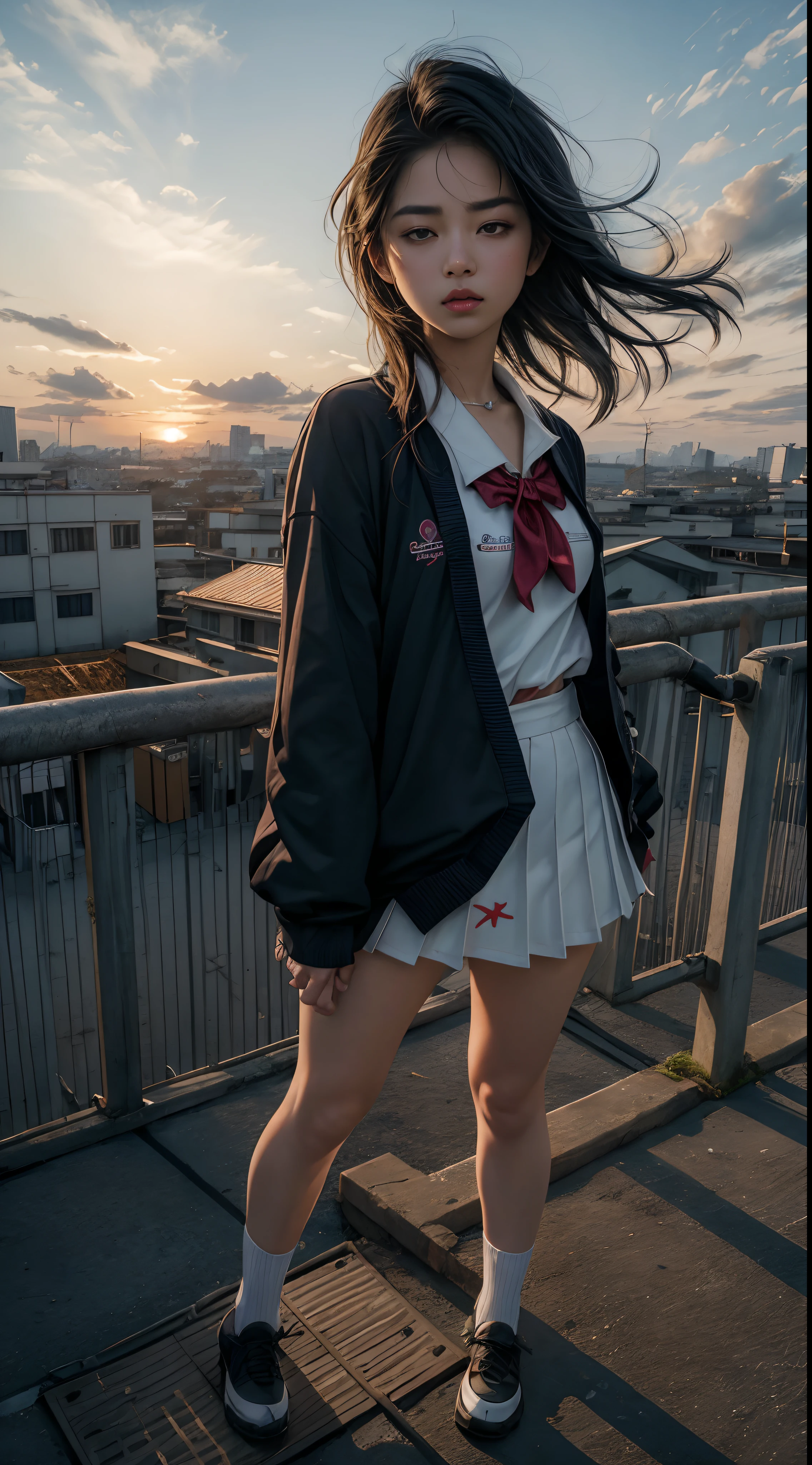 determinada menina em(a sexy Japanese school uniform:1.2), sozinho, seios grandes, Sagging Tits, ((blusa rasgada uniforme escolar:1.2)), mini saia xadrez, standing on a windswept rooftop during sunset, com vista para uma paisagem urbana, capturando um momento de empoderamento e desafio,  with a dynamic pose and intricate details, Arremesso longo