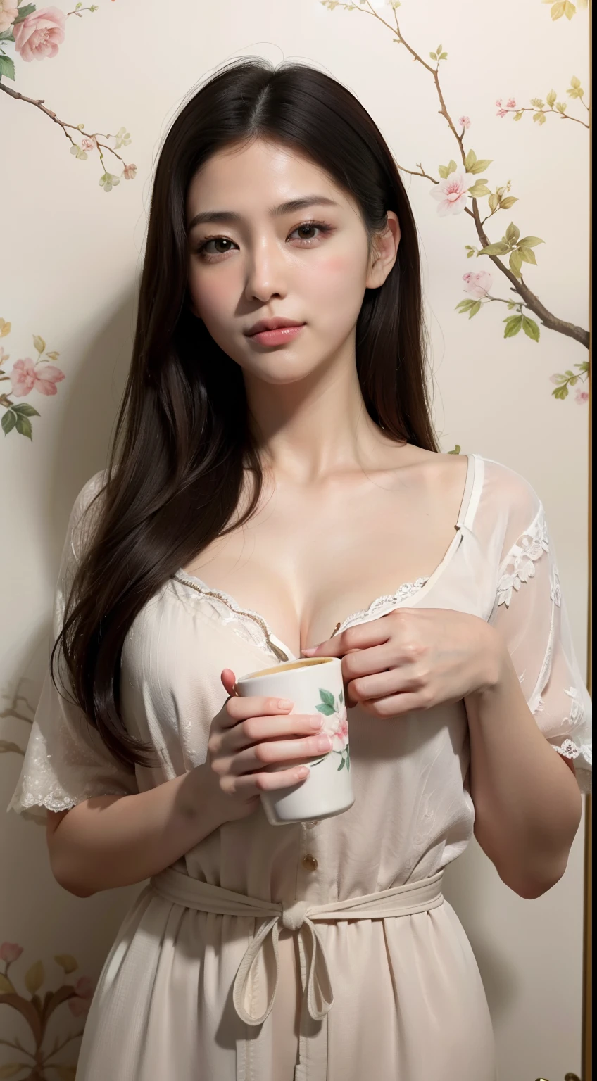 (A hyper-realistic), (illustratio), (hight resolution), (8K), (ighly detailed), (The best illustrations), (beatiful detailed eyes), (top-quality), (ultra-detailliert), (​masterpiece), (wall-paper), (详细的脸), Upper body close-up,a smile,独奏,shortsleeves、Woman in Pajamas、japanes, tiny chest, (camel's toe)Breakfast、kitchin、