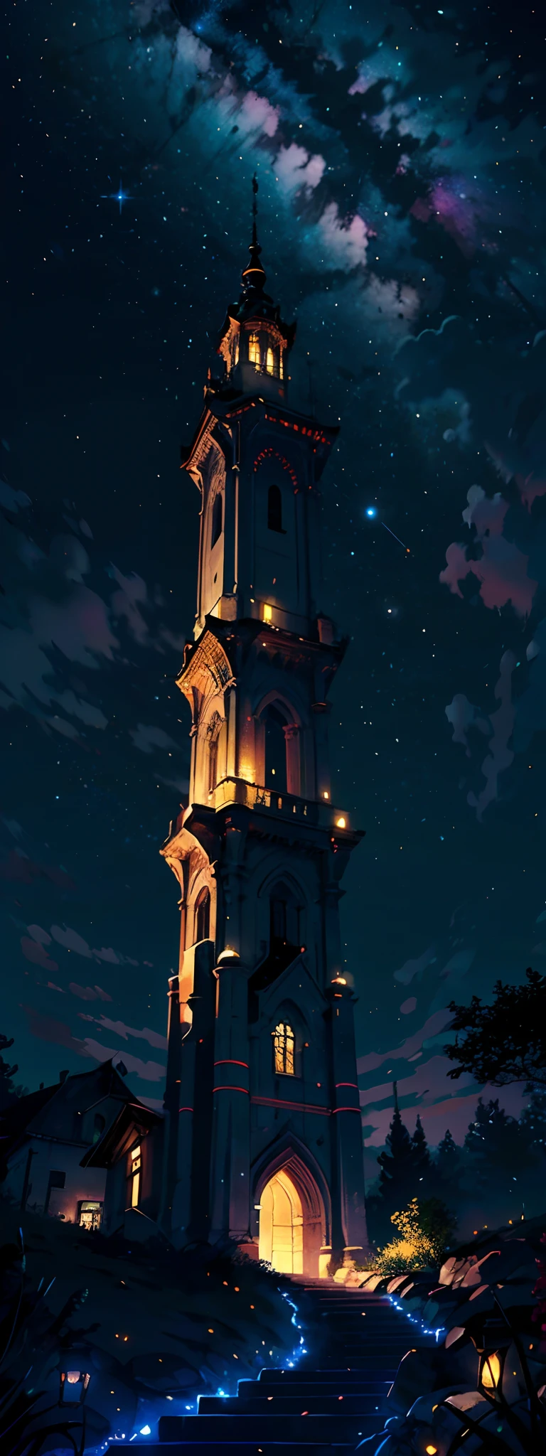 Por favor, create a stunning image that depicts the majestic Ethereon Celestial Tower at the height of twilight. The tower rises gracefully toward the heavens, its walls lined with magic stone that glows with a soft luminescence as the sunlight fades. Ethereal birds fly around the tower, while an aura of mystery surrounds its intricate architecture. An ethereal portal, adorned with arcane symbols, se abre no topo da torre, suggesting the connection between worlds. Nas profundezas do vale abaixo, the city of Ethereum begins to turn on its lights, creating a sparkling contrast to the rising night sky. The scene captures the magical atmosphere and grandeur of the tower, highlighting its importance in the Chronicles of the Celestial Tower: Ethereon Revelado, fotografia de paisagem expansiva, (a view from below that shows the sky above and the open field below), uma garota parada em um campo de flores olhando para cima, (lua cheia: 1.2), (estrelas cadentes: 0.9), (nebulosa: 1.3), montanha distante , BREAK tree production art, (fonte de luz quente: 1.2), (Firefly: 1.2), lamp, muito roxo e laranja, detalhes complexos, volumetric lighting BREAK (obra-prima: 1.2), (melhor qualidade), 4k, ultradetalhado , (dynamic compositing: 1.4), detalhes coloridos altamente detalhados (cores iridescentes: 1.2), (bright illumination, Atmospheric Illumination), sonhador, magica, (solo: 1.2)