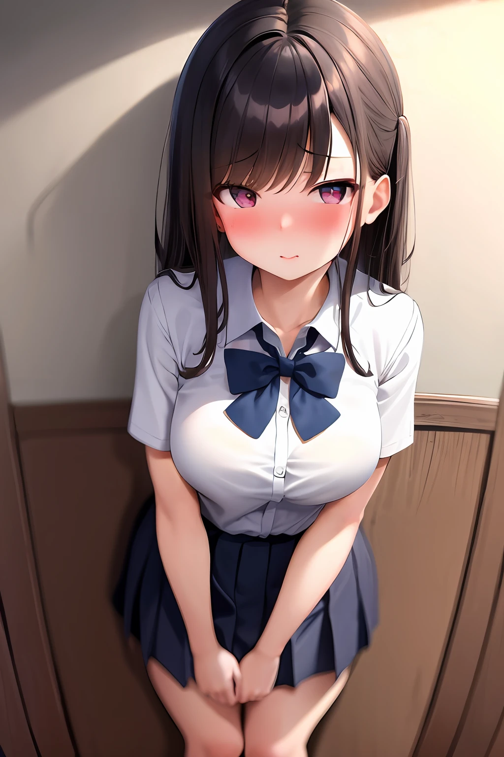 masterpiece, best quality, highres, 1girl, school uniform, shy, blush, arms behind back, kabedon, pov