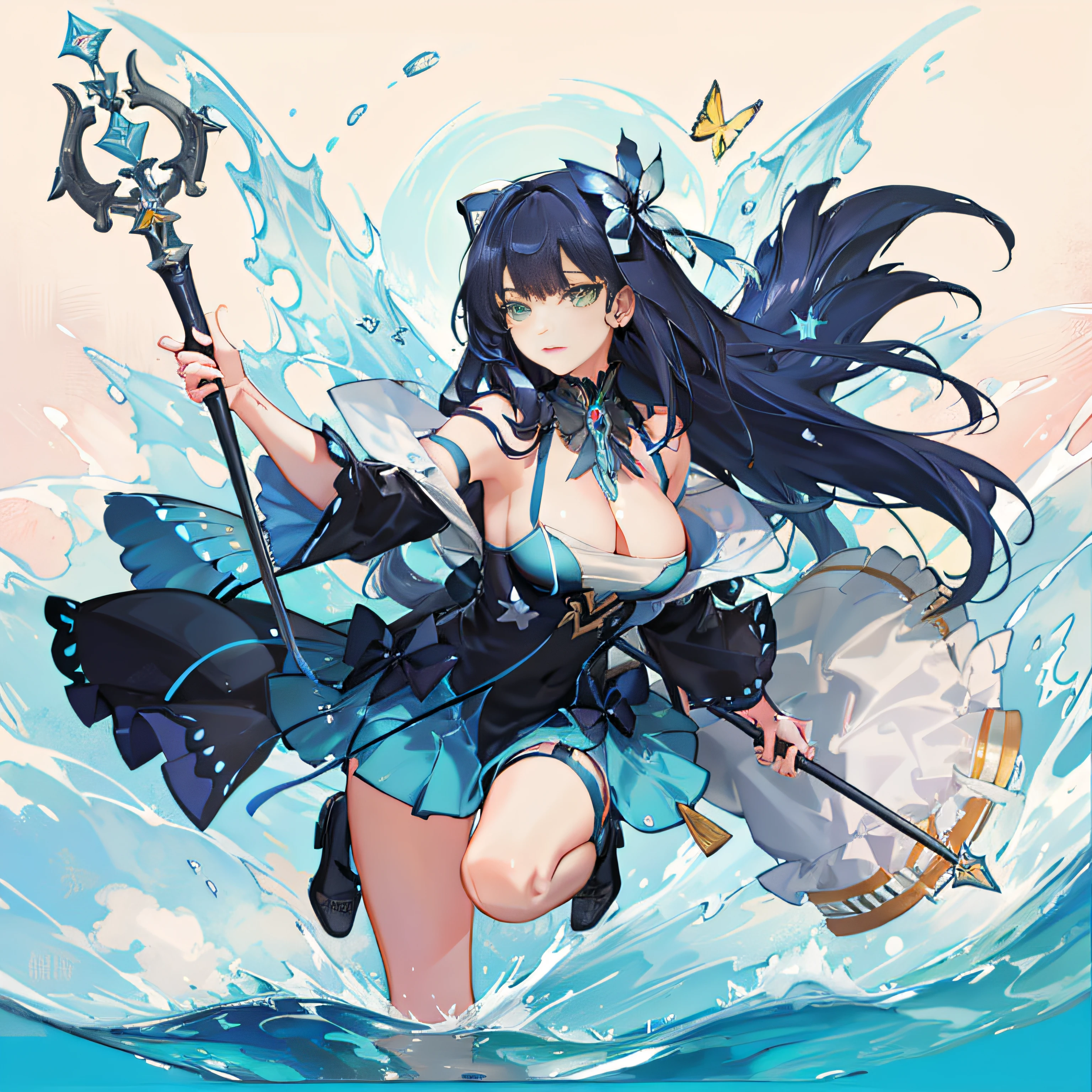 Colorful butterfly, deep sea hunter, girl, songstress, (detailed face: 1.2), (medium breasts), (cleavage), thigh bands, long hair, asymmetrical bangs, Tarot border, centered portrait, (no weapon), (bouncing breasts).