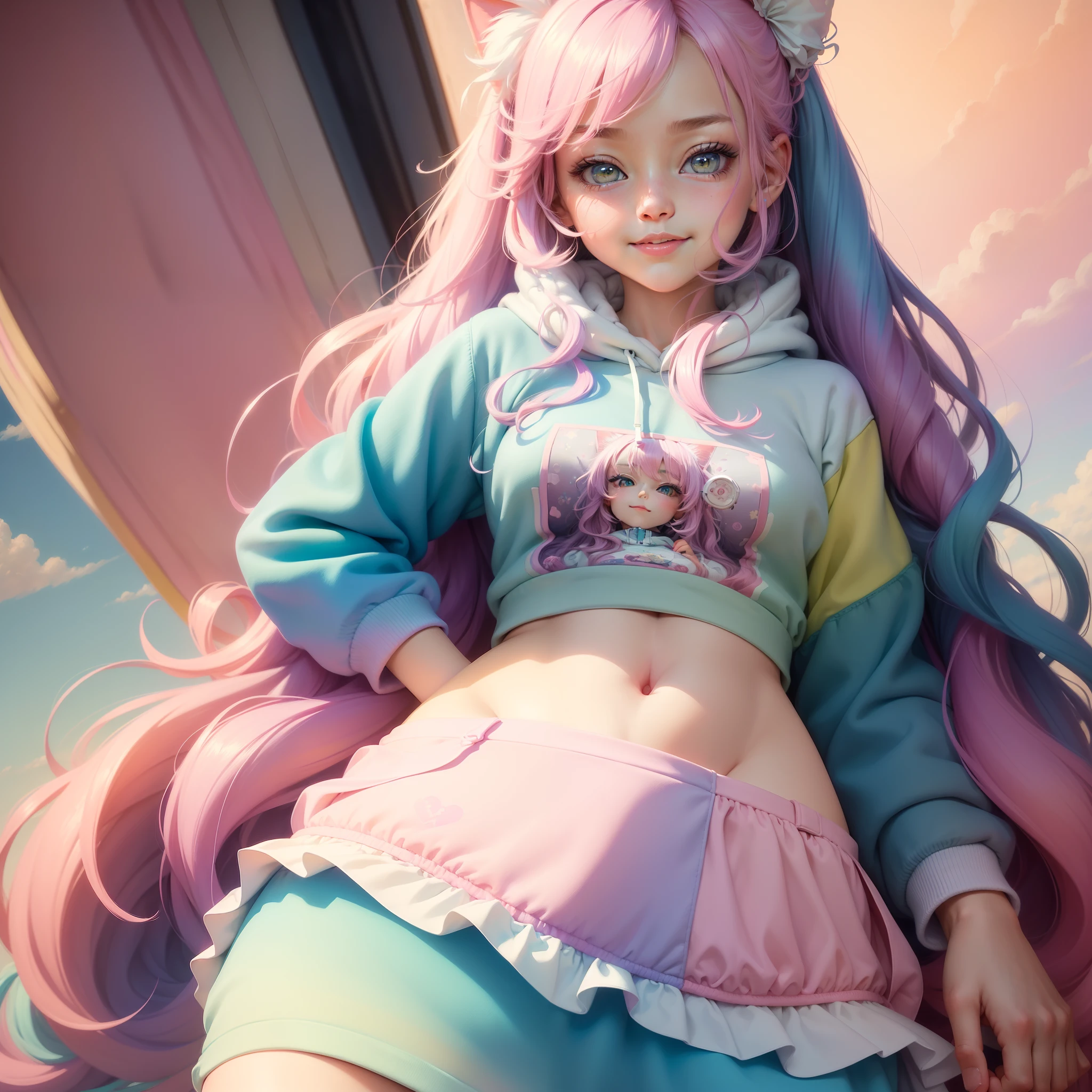 beautiful, (masterpiece:1.2), (best quality:1.2), (pastel colors:1.2), (surreal art:1.3), (sfw), (masterpiece, top quality, best quality, official art, beautiful and aesthetic:1.2), (1girl), extreme detailed,colorful,highest detailed, cute, aesthetic, cosy, Cute neko transgender girl smiling and lip biting in cute skirt and hoodie trans flag pink and blue multicoloured coloured long hair