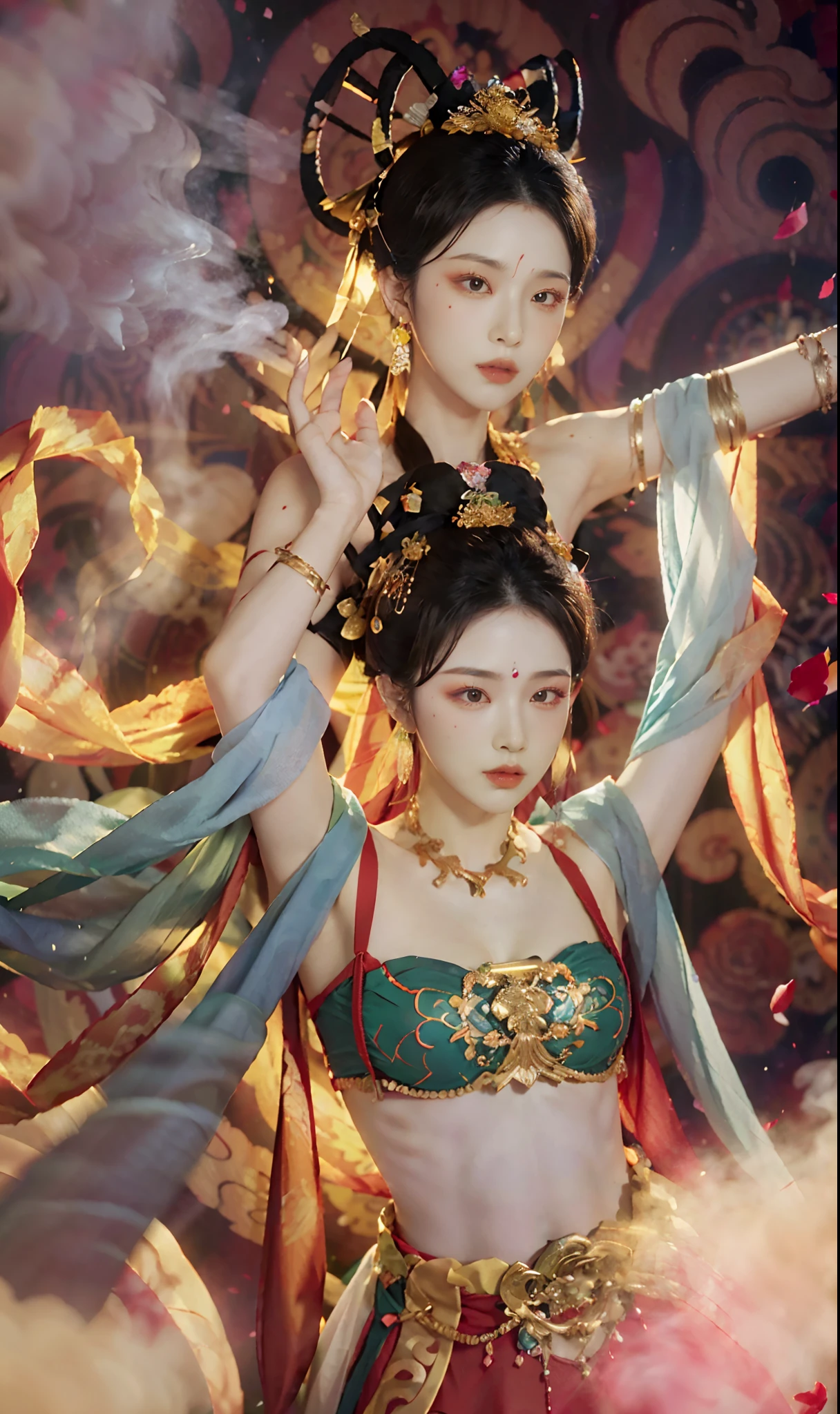 (8k, RAW Photo, Best Quality, Masterpiece: 1.2), (Realistic, Photo Real: 1.4), (Very Detailed CG Unity 8k Wallpaper), (1 Girl), dance, dunhuang_dress, dunhuang_style, dunhuang_background, One arm up, one hand forward, gold ornaments, ancient Chinese hairstyle, tulle, streamers, light makeup, eyeshadow, eyebrow mole, (face), dynamic pose, background smoke surrounding, red and green color scheme, flower petals flying, details, jewelry, earrings, bracelets, shoulders, complex textures, busts, guqin, pipa