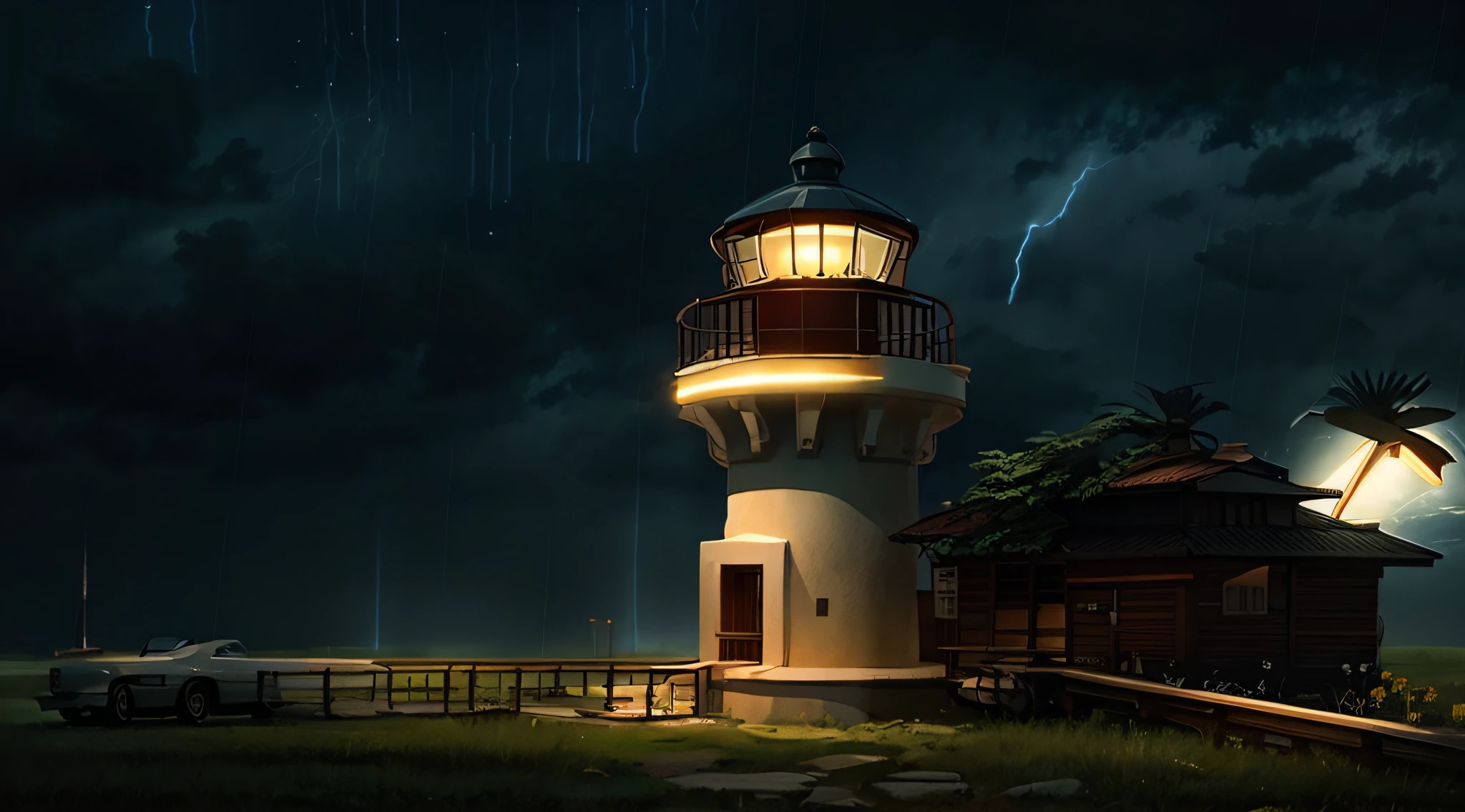 There is a lighthouse with a light on in the middle of a field, farol, farol, dramatic lighting. arte conceitual, Detailed lighting and thunder, stylized digital illustration, Ghibli. octan render, Directed by: Goro Fujita, arte de fundo, por Pixar, Moody :: ghibli studio, Alexey Egorov, a photorealistic rendering, artes conceituais