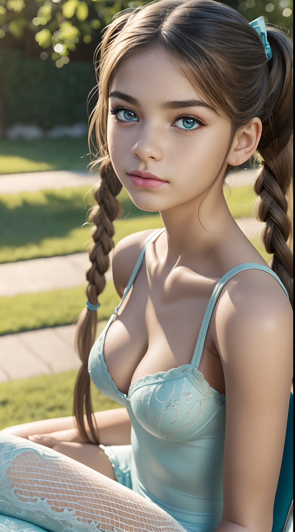 Professional Photo of sitting in chair beautiful Spanish , (Chilling), 18 years old , 1girl , (So cute) , green eyes color:1.4 ,soft , (( Long eye lashes)) , beautiful eyes , Skinny face , Face focus , (( Doll facial features)), she is young and cute, so beautiful , (Ash pigtails hair ), (Realistic detailed eyes), Wearing light turquoise latex full body suit , Masterpiece, Professional photo , Fantasy , Realistic, Huge image size , Absurd , Best quality ,DoF bokeh, DSLR photography, 8k, 20 megapixel, contrast, textured skin, light freckles,hard light, gigapixel, flawless face, Side view, White background, Strong straight lighting, light on face