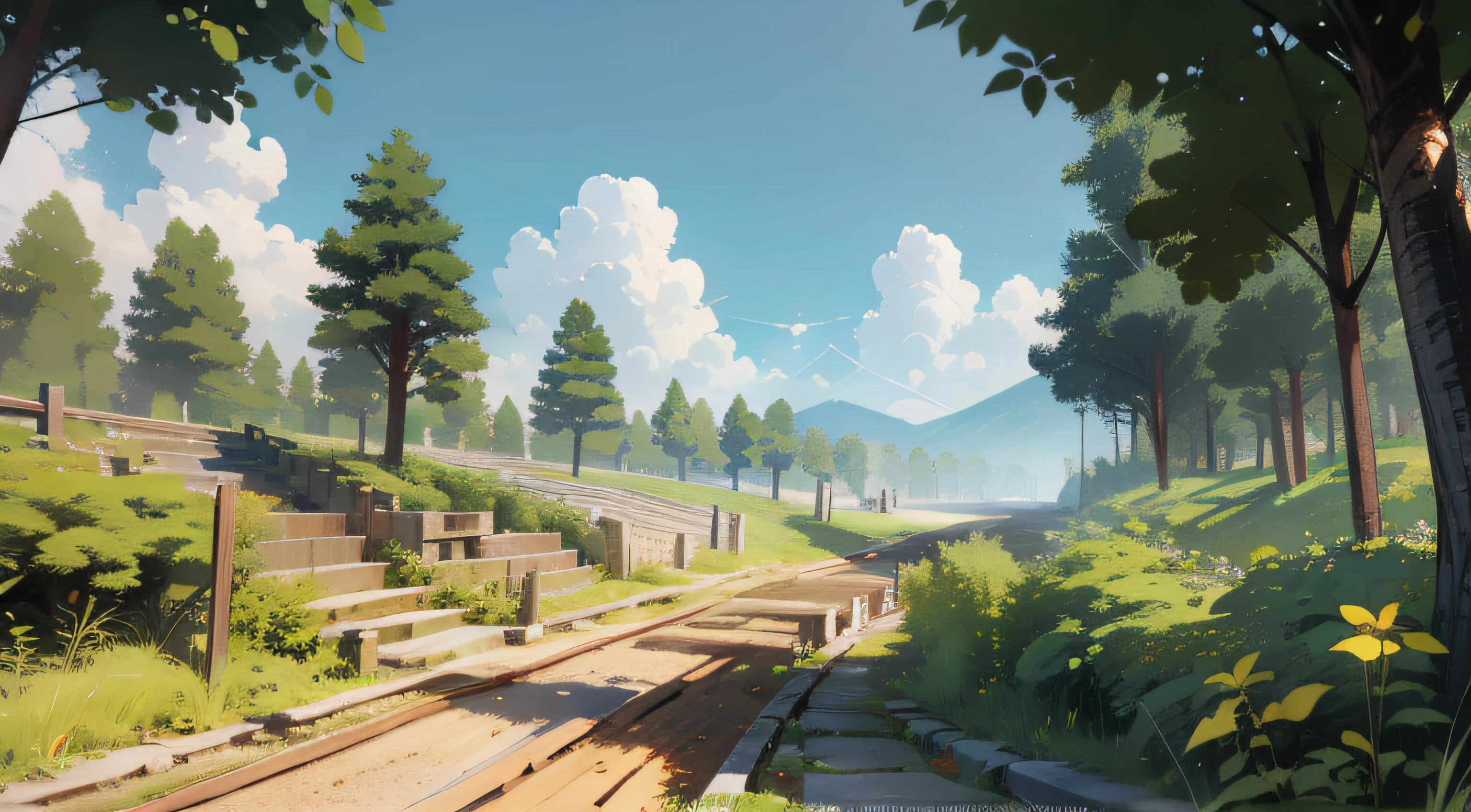 Forest, Terraces, Clouds, Wide Angle, Pioneer, Dirt Road, Traveling Merchant, Back, Go Forward, Wooden Cane, Ray Tracing, Comics, 3D Rendering, Cartoon, Cute Style, Sunny, Outdoor, Detailed, 4K, HD, High Quality