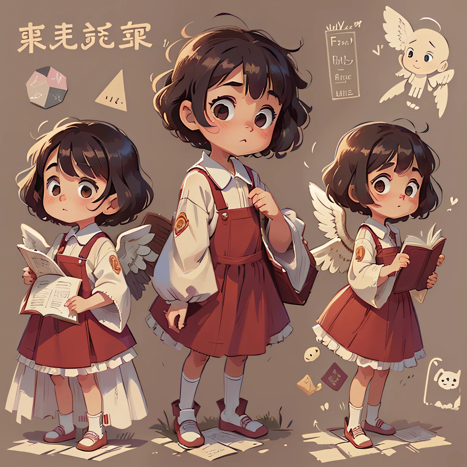 a girl with short curly hair,
different angels,
in the style of childreb book charecter,
charecter sheet, white background,
adjective + object, character sheet,
children book character