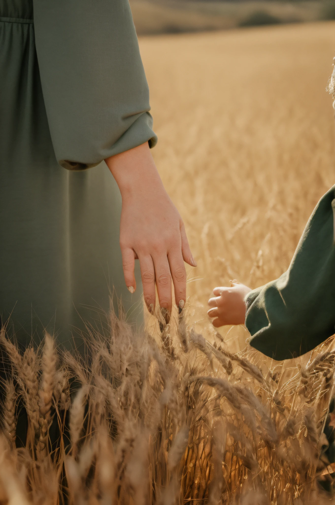 There is a woman and a child standing in a wheat field, Caminhando no Campo de Trigo, em um campo de trigo, caminhando por um campo de trigo, hands reaching for her, em um campo, nos vastos campos de trigo, que caminha no campo de trigo, Tiro na Hora de Ouro, no meio de um campo, na hora dourada, hands that exchange seeds