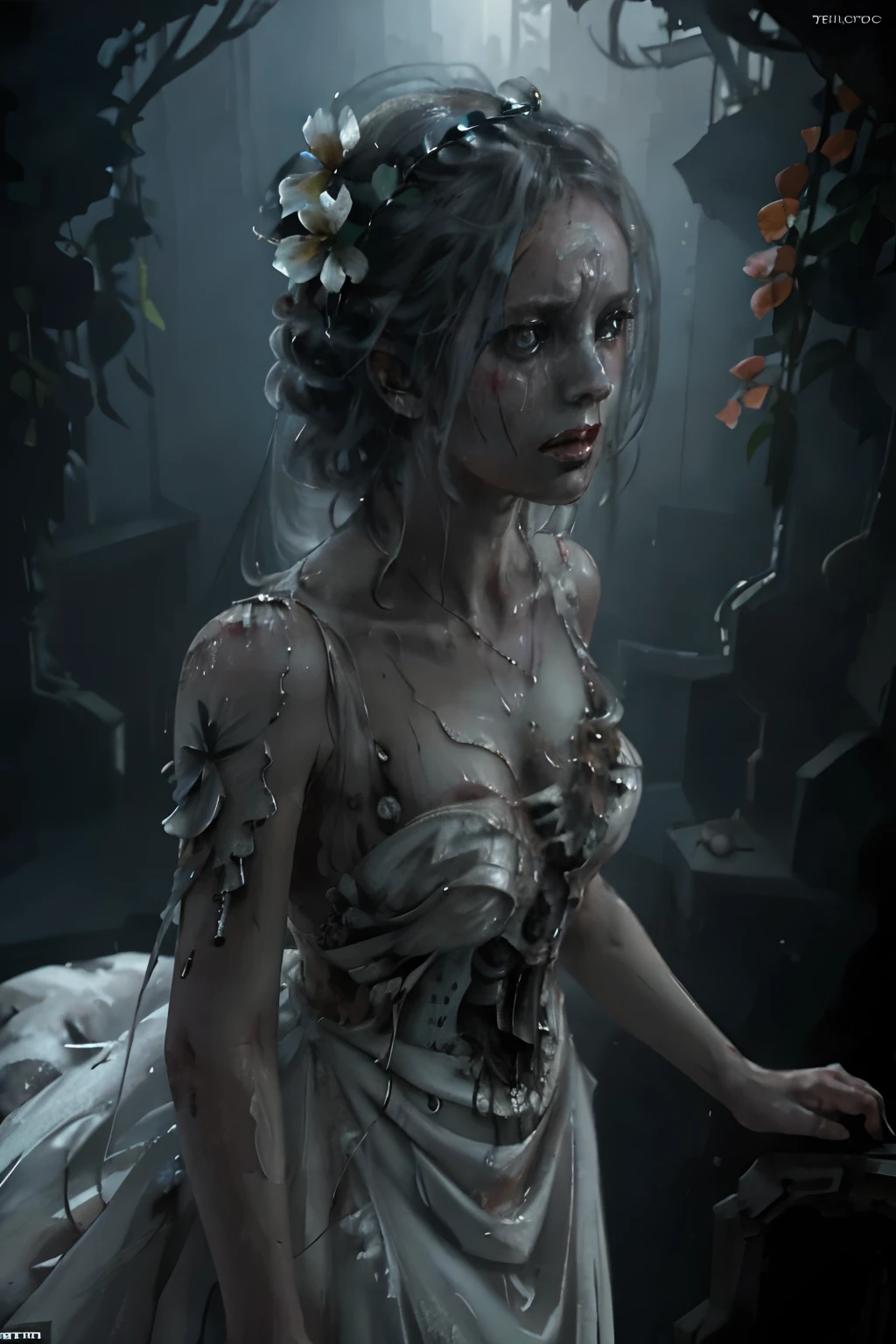 dead rotting girl, in a state of putrefaction, with flowers coming out of her body :: white dress :: Epic cinematic brilliant stunning intricate meticulously detailed dramatic atmospheric maximalist digital matte painting