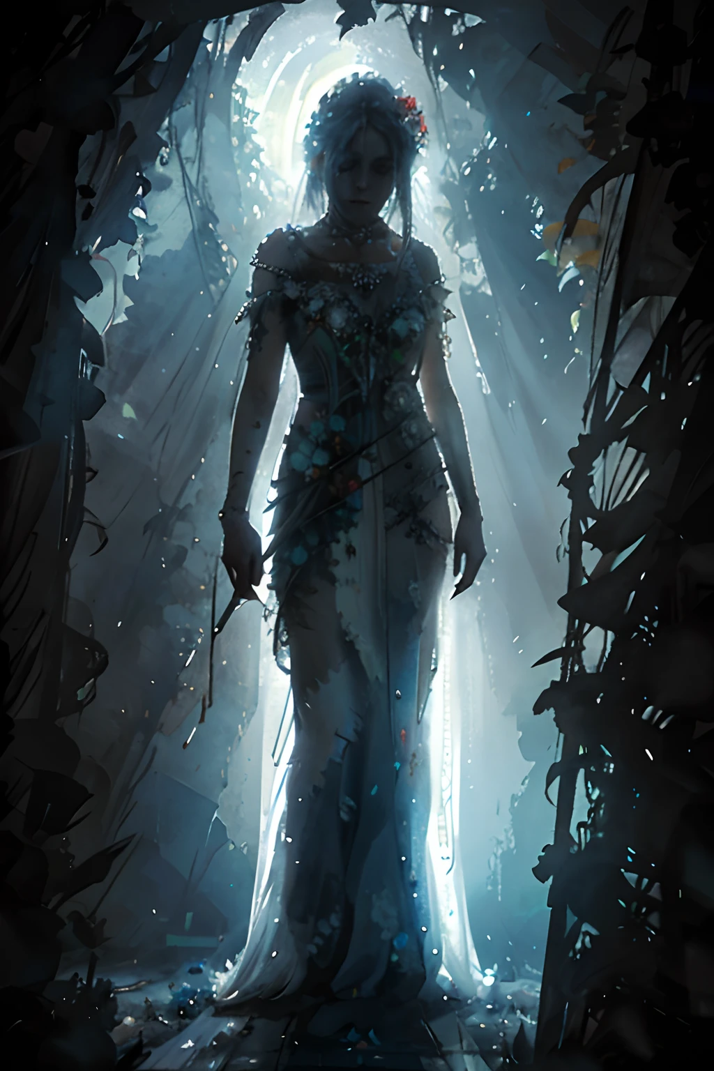 dead rotting girl, in a state of putrefaction, with flowers coming out of her body :: white dress :: Epic cinematic brilliant stunning intricate meticulously detailed dramatic atmospheric maximalist digital matte painting