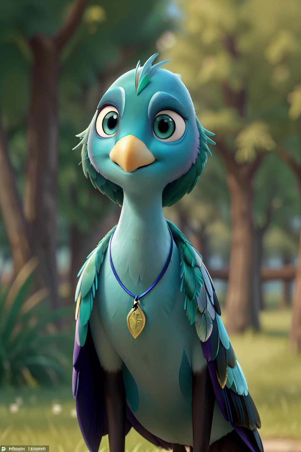beautiful, slender lapwing with iridescent green-blue feathers and a pronounced crest that she's quite proud of. Her eyes are almond-shaped and hazel. - around her neck, she wears a simple, elegant pendant—expressions vary from sassy confidence to dramatic exasperation