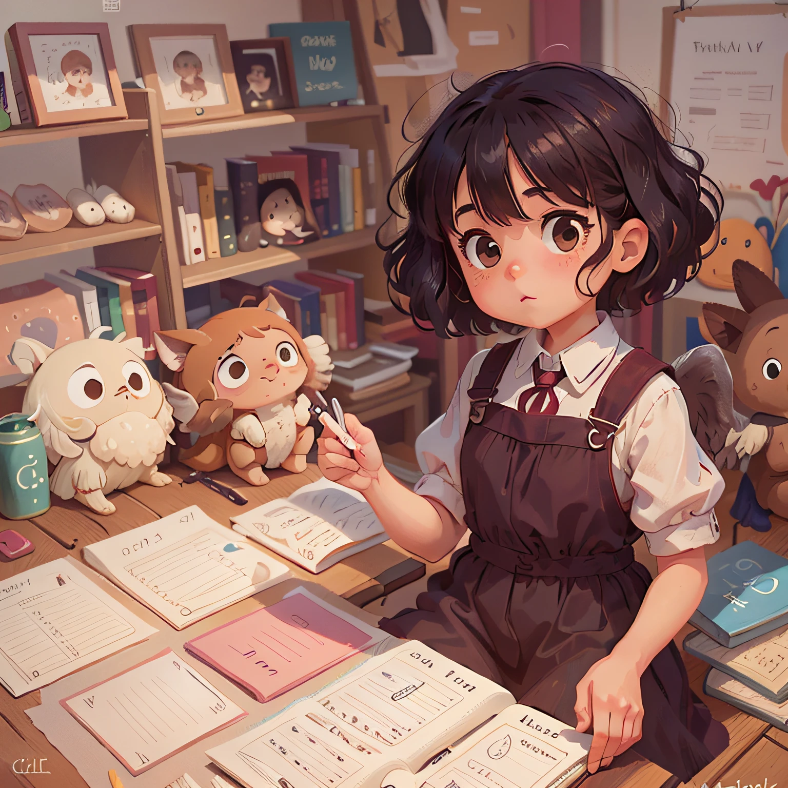 a girl with short curly hair,
different angels,
in the style of childreb book charecter,
charecter sheet, white background,
adjective + object, character sheet,
children book character
