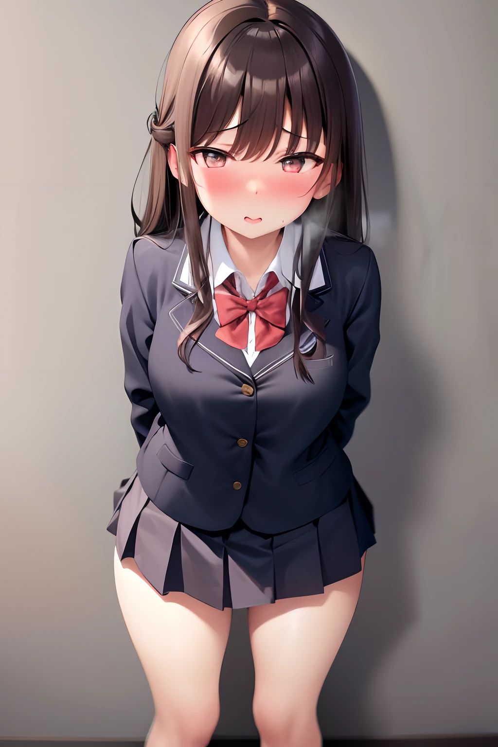 masterpiece, best quality, highres, 1girl, school uniform, shy, blush, arms behind back, kabedon, pov