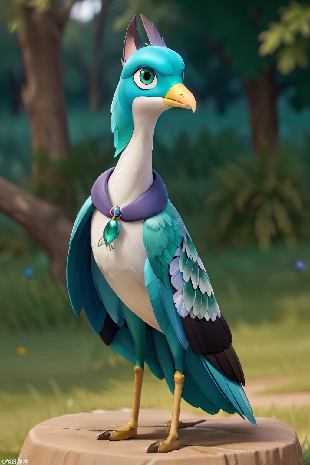 beautiful, slender lapwing with iridescent green-blue feathers and a pronounced crest that she's quite proud of. Her eyes are almond-shaped and hazel. - around her neck, she wears a simple, elegant pendant—expressions vary from sassy confidence to dramatic exasperation