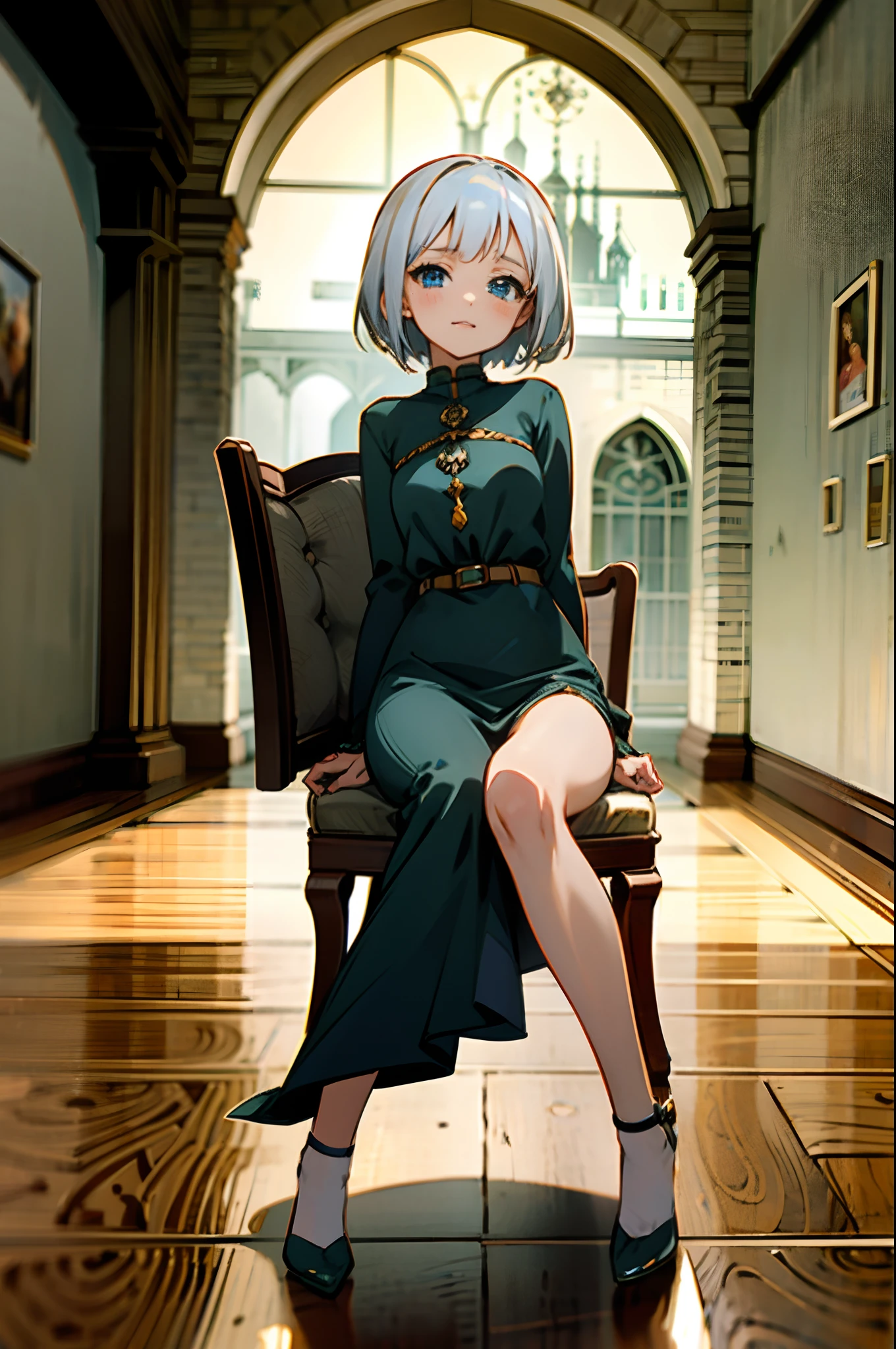 Anime girl with white short hair and blue eyes, wearing short black dress, sitting on the chair, medieval tavern, old town, medieval lore, perfect face, cute face, ultrasharp, 8k, masterpiece, full body, seductive girl,