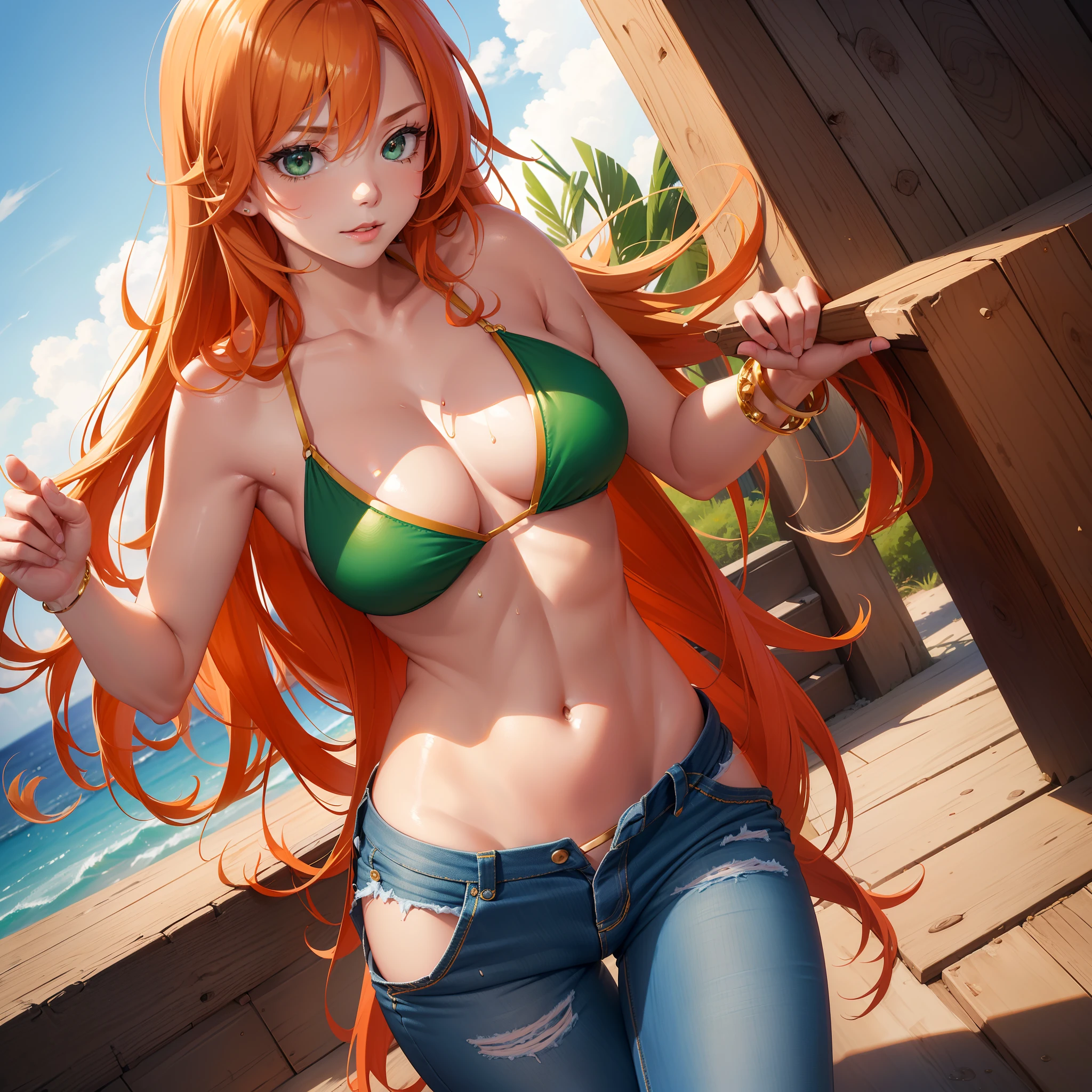 (((masterpiece+best quality+high resolution+ultra-detailed))), 1girl with clima-tact, Nami, long silky orange hair, high nose, sharp eyes, noble and inviolable temperament, (([female]: 1.2 + [beauty]: 1.2 + orange long hair: 1.2)), pirate ship background, blue sky, clouds, log pose, gold bracelets, revealing green and white bikini halter top, tight low-rider jeans, shoulder tattoo, bright eyes, dynamic angle and posture., soaked in sweat, sweating, pants pull, undressing, clothes pull