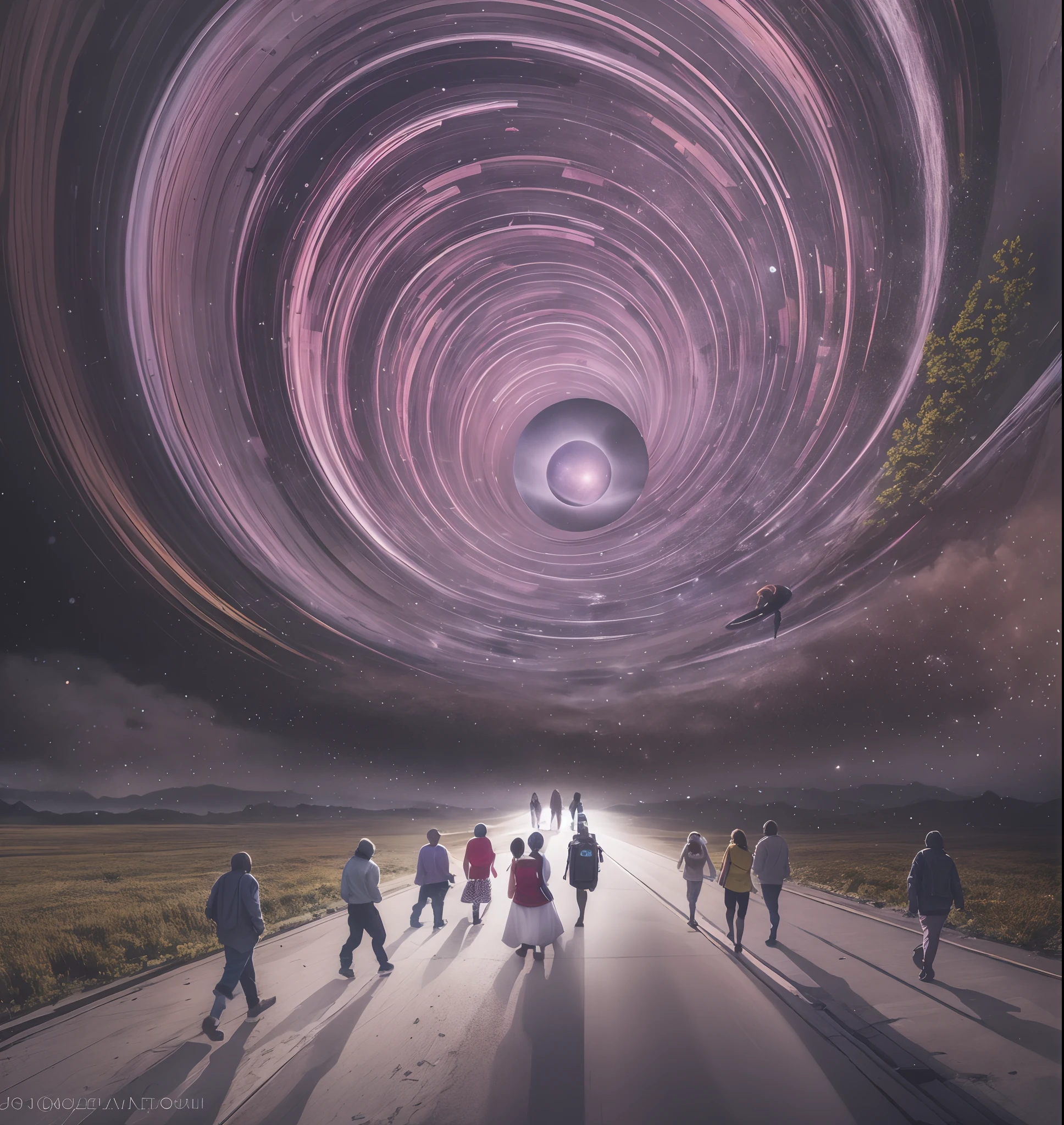 Digital art of a group of people walking on a road with a purple swirl, surreal collage, collage style joseba elorza, tunnels lead to different worlds, portal to another universe, vortex portal banish the elders, portal to another dimension, interstellar infinity portal, world seen only through a portal, portal to outer space, open portal to another dimension.bgill55_art