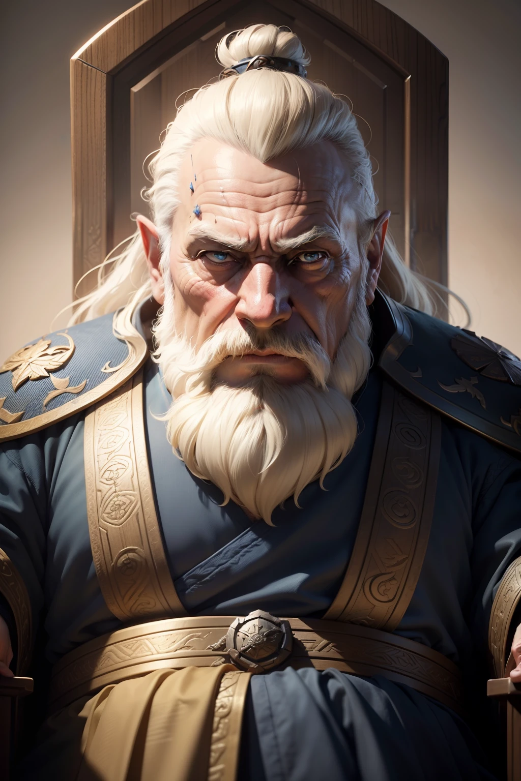 A game avatar, an old dwarf king, siting in his throne, martial art style, realistic lighting and shading, detailed renderings, dark beige and navy, close up view