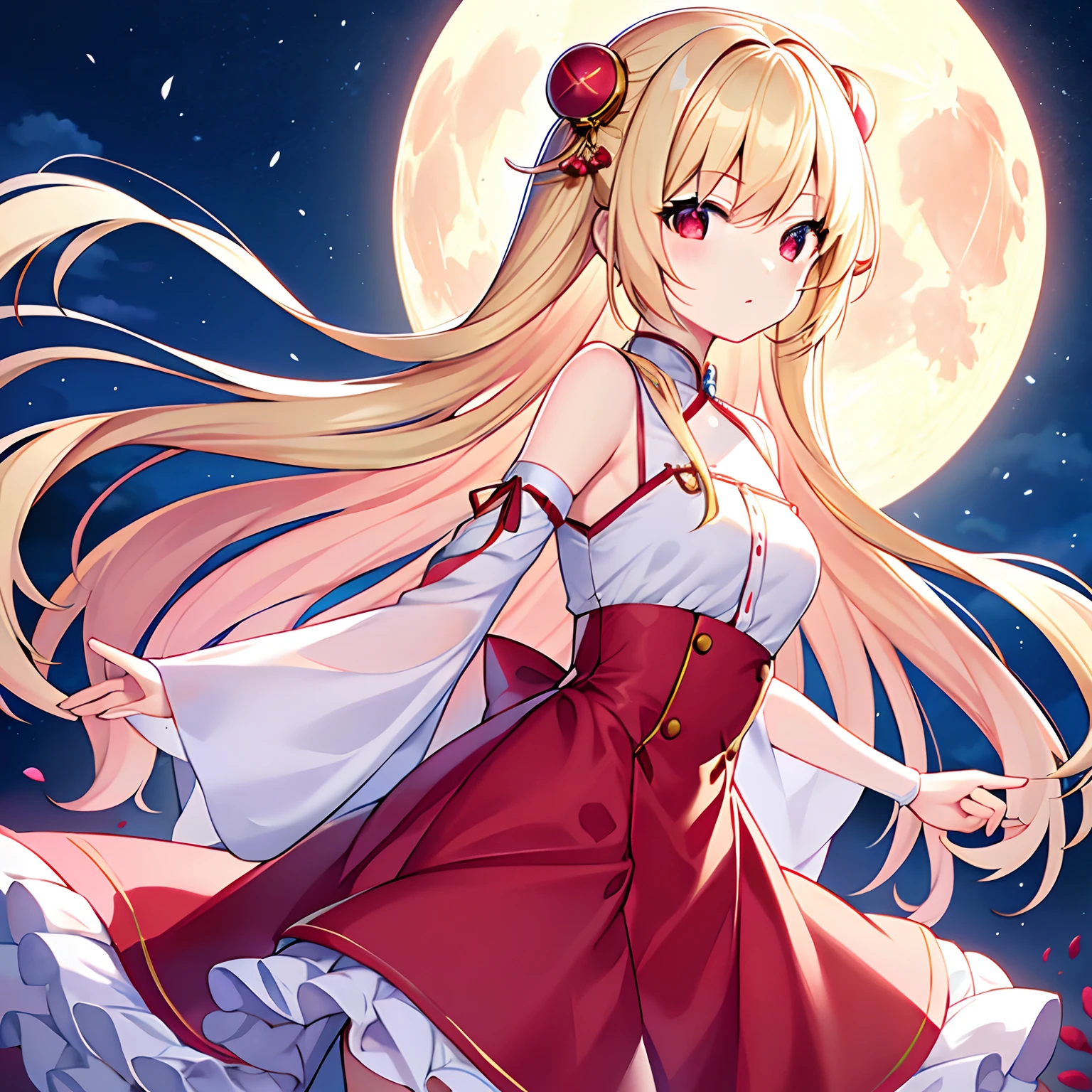 a blond、red eyes、Beautiful girl alone、独奏、animesque、borgar、Fluffy clothes、a moon、Midnight