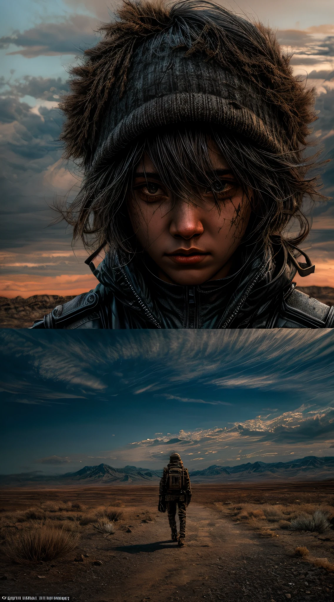 In a desolate wasteland, a figure emerges, their torn clothes bearing witness to the harsh environment they have endured. The scene exudes an atmosphere of desolation, with a barren landscape stretching into the distance. The individual's body showcases visible scratches, scars, and bruises, evidence of the hardships they have faced. Their expression reflects a mixture of fear and sadness, capturing the emotional toll of their journey through the wasteland. This full-body depiction in high definition brings these details to life, allowing viewers to empathize with the subject's plight. The 9:16 aspect ratio enhances the vertical composition, emphasizing the figure's presence against the backdrop of the unforgiving wasteland