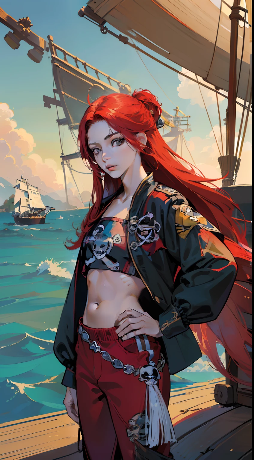 ((obra maestra)),(((mejor calidad))),, illustration, 1 chica, (((color de cabello ROJO))) (((CABELLO LARGO))), (((cabello ondulado))), fax de peinado, (((ojos dorados))), (((ROPA PIRATA O DE COMERCIANTE RARO))) (((pantalones))) (((BLUSA DE POETA))) (((PIRATE SHIP BACKGROUND ON A BEAUTIFUL SEA COAST)))