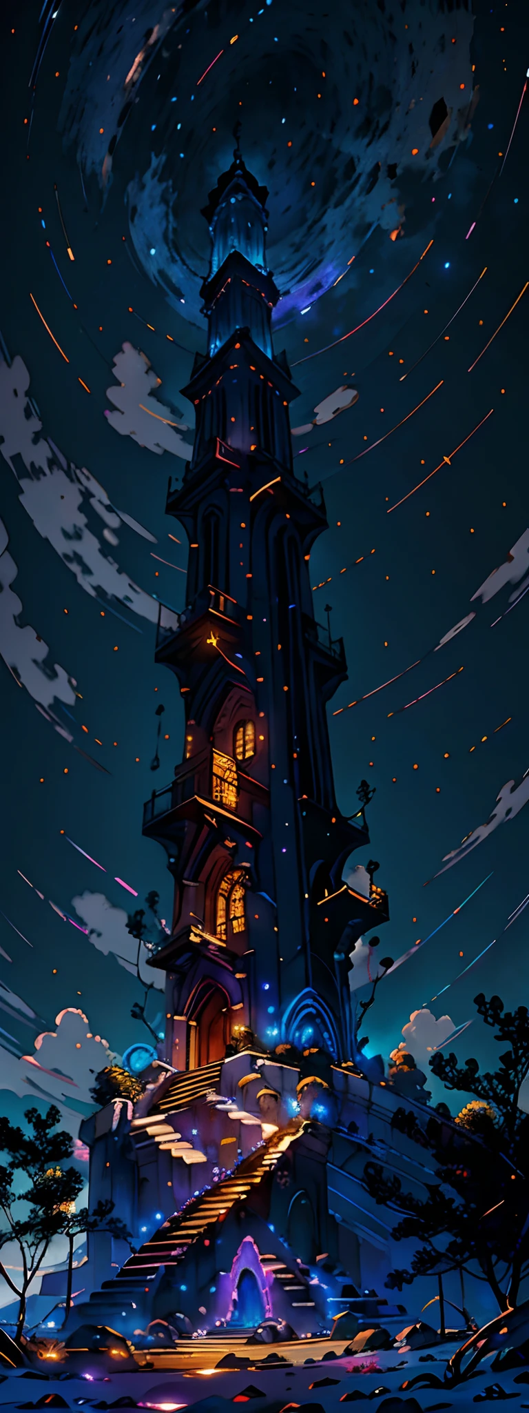 Por favor, create a stunning image depicting the majestic Ethereon Celestial Tower at the height of twilight. The tower rises gracefully toward the heavens, Its walls lined with magic stone that glows with a soft luminescence as the sunlight fades. Ethereal birds fly around the tower, while an aura of mystery surrounds its intricate architecture. An ethereal portal, adorned with arcane symbols, se abre no topo da torre, suggesting the connection between worlds. Nas profundezas do vale abaixo, the city of Ethereum begins to turn on its lights, creating a sparkling contrast with the rising night sky. The scene captures the magical atmosphere and grandeur of the tower, highlighting its importance in the Chronicles of the Heavenly Tower: Ethereon Revelado, fotografia de paisagem expansiva, (a view from below that shows the sky above and the open field below), uma garota parada em um campo de flores olhando para cima, (pegue a chave: 1.2), (estrelas cadentes: 0.9), (nebulosa: 1.3), montanha distante , BREAK tree production art, (fonte de luz quente: 1.2), (Pirilamplighto: 1.2), lamplight, muito roxo e laranja, detalhes complexos, volumetric lighting BREAK (obra-prima: 1.2), (melhor qualidade), 4k, ultradetalhado , (dynamic compositing: 1.4), detalhes coloridos altamente detalhados (cores iridescentes: 1.2), (bright illumination, Atmospheric Illumination), sonhador, Magia, (sozinho: 1.2)