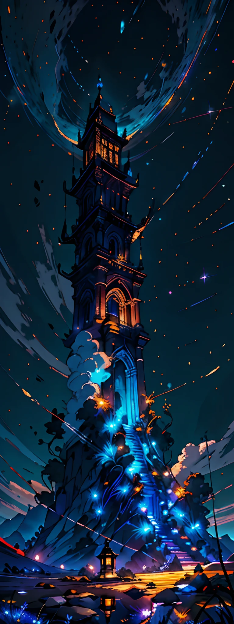 Por favor, create a stunning image depicting the majestic Ethereon Celestial Tower at the height of twilight. The tower rises gracefully toward the heavens, Its walls lined with magic stone that glows with a soft luminescence as the sunlight fades. Ethereal birds fly around the tower, while an aura of mystery surrounds its intricate architecture. An ethereal portal, adorned with arcane symbols, se abre no topo da torre, suggesting the connection between worlds. Nas profundezas do vale abaixo, the city of Ethereum begins to turn on its lights, creating a sparkling contrast with the rising night sky. The scene captures the magical atmosphere and grandeur of the tower, highlighting its importance in the Chronicles of the Heavenly Tower: Ethereon Revelado, fotografia de paisagem expansiva, (a view from below that shows the sky above and the open field below), uma garota parada em um campo de flores olhando para cima, (pegue a chave: 1.2), (estrelas cadentes: 0.9), (nebulosa: 1.3), montanha distante , BREAK tree production art, (fonte de luz quente: 1.2), (Pirilamplighto: 1.2), lamplight, muito roxo e laranja, detalhes complexos, volumetric lighting BREAK (obra-prima: 1.2), (melhor qualidade), 4k, ultradetalhado , (dynamic compositing: 1.4), detalhes coloridos altamente detalhados (cores iridescentes: 1.2), (bright illumination, Atmospheric Illumination), sonhador, Magia, (sozinho: 1.2)