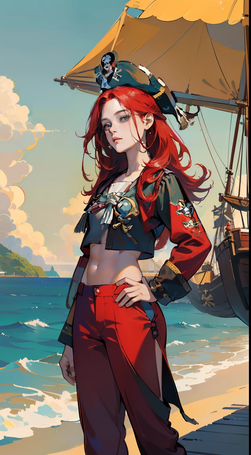 ((obra maestra)),(((mejor calidad))),, illustration, 1 chica, (((color de cabello ROJO))) (((CABELLO LARGO))), (((cabello ondulado))), fax de peinado, (((ojos dorados))), (((ROPA PIRATA O DE COMERCIANTE RARO))) (((pantalones))) (((BLUSA DE POETA))) (((PIRATE SHIP BACKGROUND ON A BEAUTIFUL SEA COAST)))