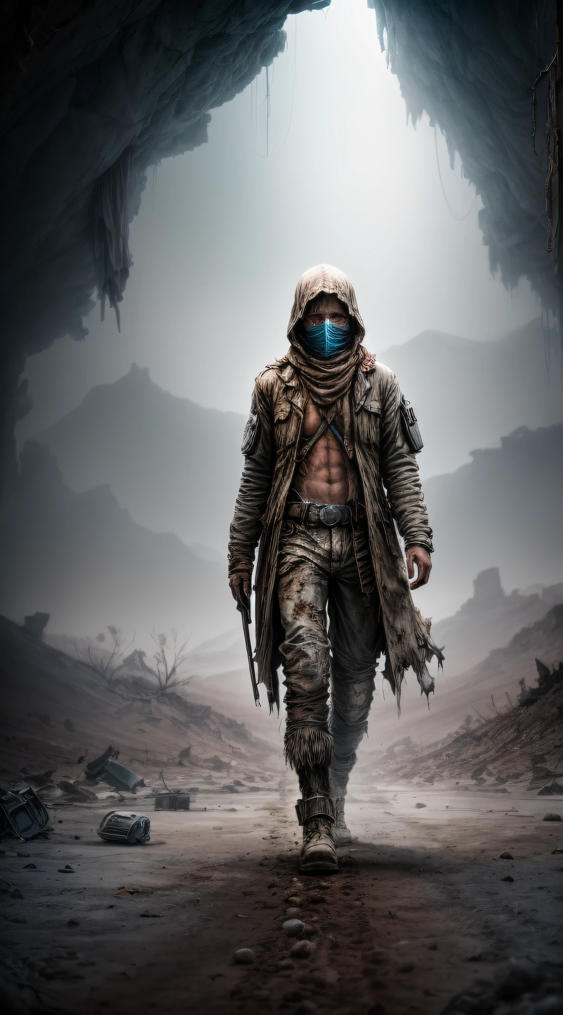 In a desolate wasteland, a figure emerges, their torn clothes bearing witness to the harsh environment they have endured. The scene exudes an atmosphere of desolation, with a barren landscape stretching into the distance. The individual's body showcases visible scratches, scars, and bruises, evidence of the hardships they have faced. Their expression reflects a mixture of fear and sadness, capturing the emotional toll of their journey through the wasteland. This full-body depiction in high definition brings these details to life, allowing viewers to empathize with the subject's plight. The 9:16 aspect ratio enhances the vertical composition, emphasizing the figure's presence against the backdrop of the unforgiving wasteland