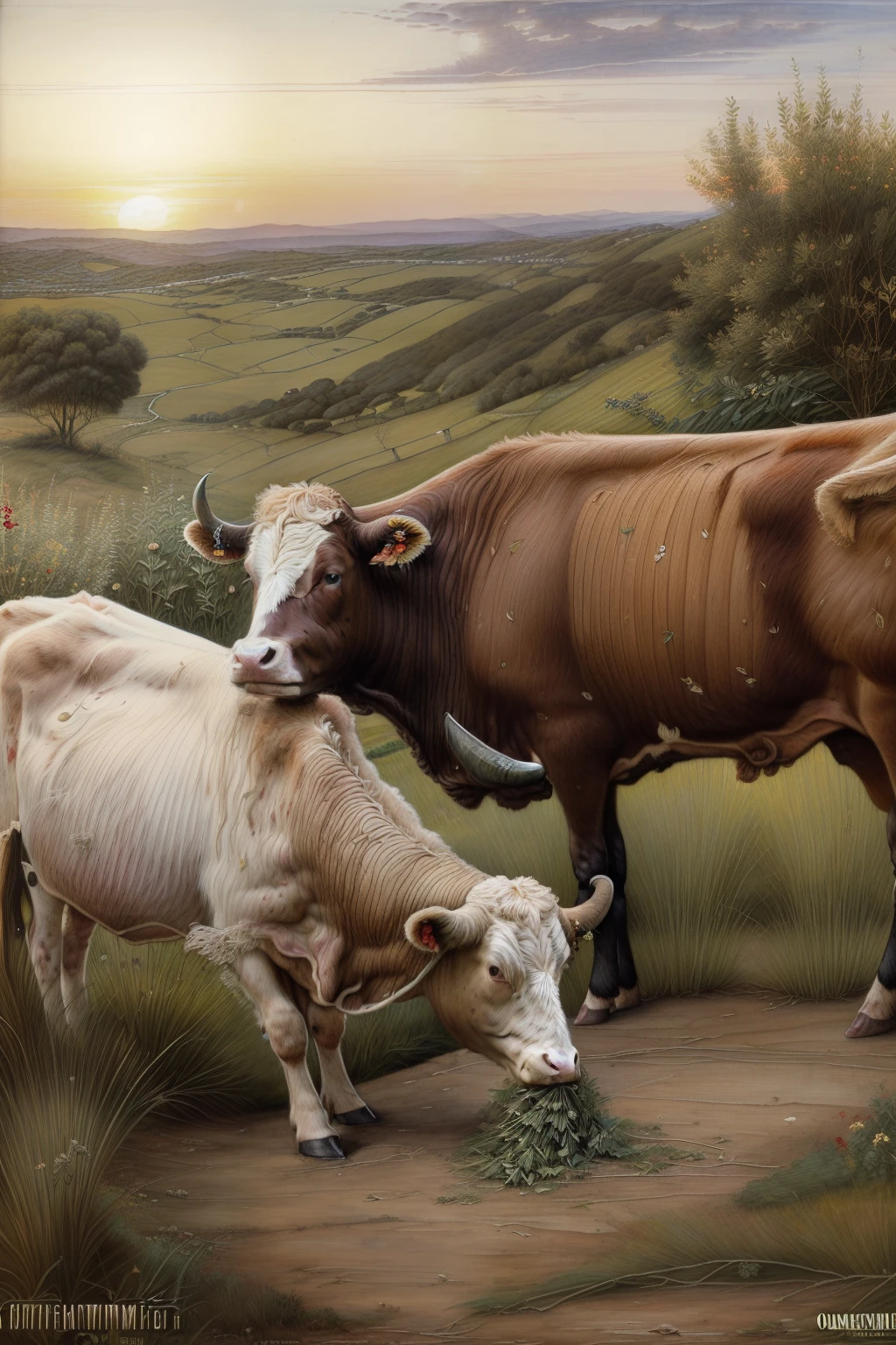 (((Pre-Raphaelite painting of a cattle ruminating herbs, capim vermelho, outono, por do sol, vaca vermelha)))