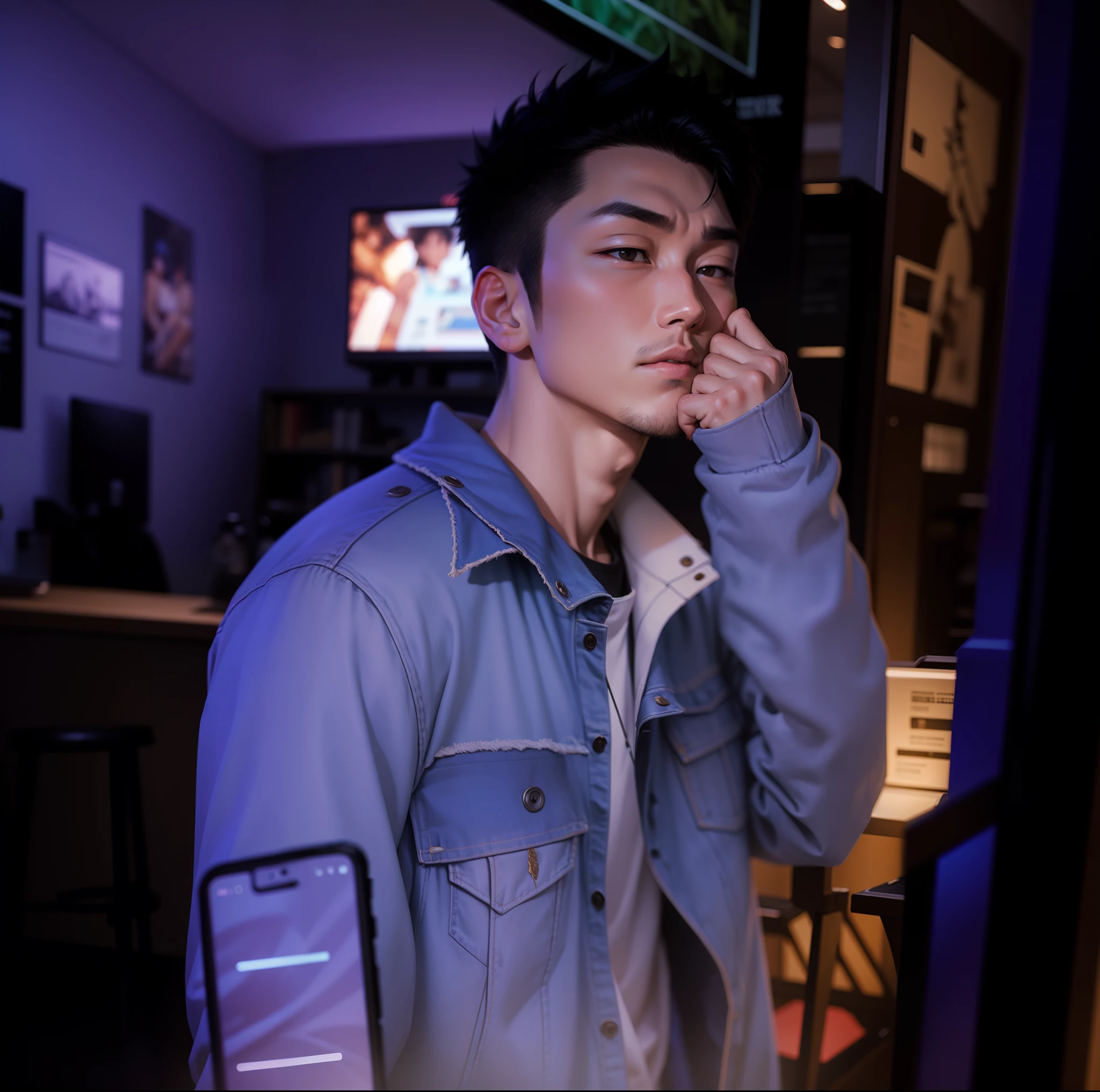 Verism,Chiaroscuro,hyper HD,jean jacket,Asian male,Handsome