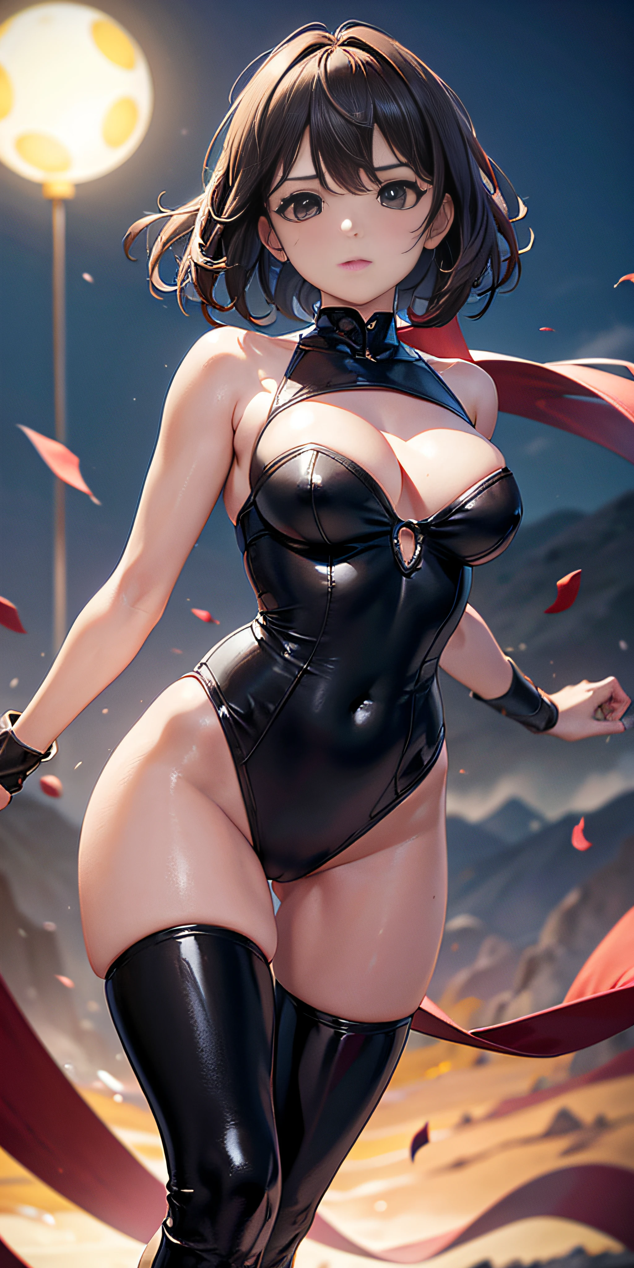 Vista de cuerpo entero, (obra maestra, mejor calidad, 8k, Altas Resoluciones: 1.2), (dramatic), arenisco, intenso, Personaje de anime, dynamic fighting pose, 1girl only, cabello negro oscuro, (Peinado atado), usar guantes, (Usando armadura futurista), Guanteletes blindados, con falda, Botas, Arte moderno, Cabello que cubre los ojos, closed fists, bosque, Cara hermosa, Hermosos ojos, colores vibrantes, Noche, highest quality digital art, Arte impresionante, Fondo de pantalla 4K, 8k, 64k, Disco duro, Obra maestra sin igual, cuerpo completo, dynamic lighting, Kinematic, epopeya, Disparo de vaquero, Detalles intrincados, Canon EOS R50 camera with Canon R50 RF-S 50mm IS STM lens