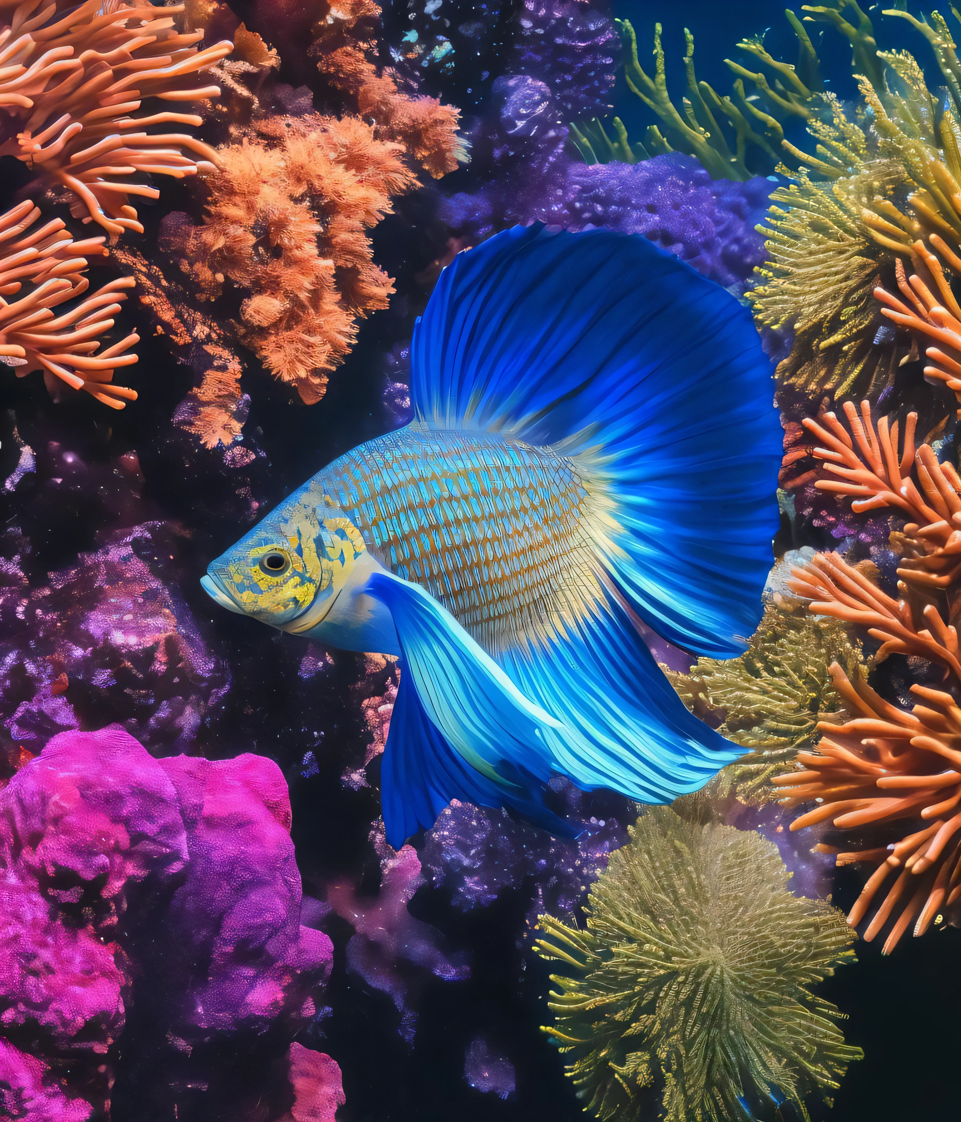 a realistically detailed portrait of a beautiful giant colorful betta fish swimming in the water near a coral reef, perfect artistic composition, Professional, masterpiece, commissioned, best quality, Color Corrected, fixed in post, emended, ameliorated, idyllic