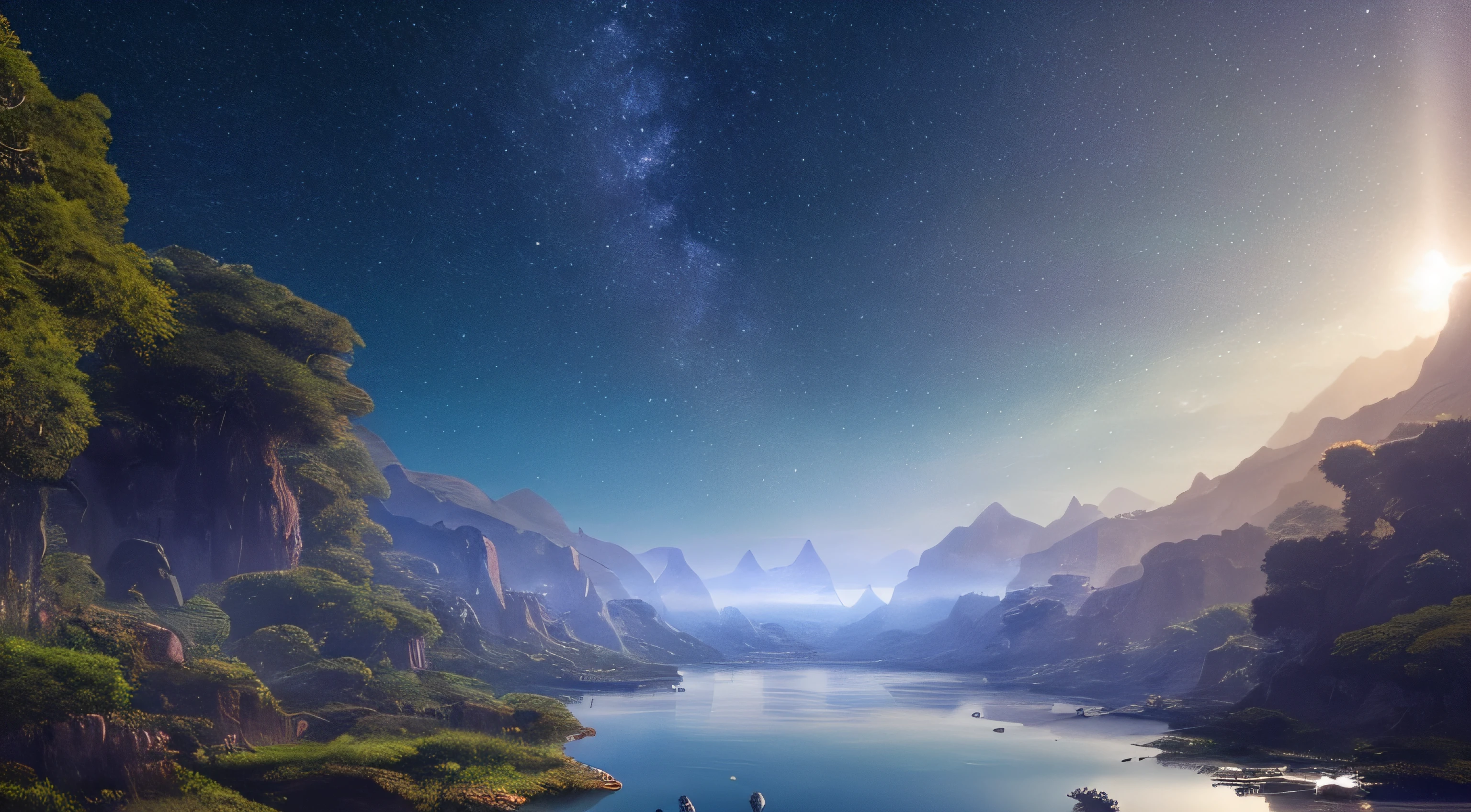 Illustration of a hyperrealistic , otherworldly, ultrasky scene,very detailed and magical lighting, vegetation and river around, solarpunk ,landscape, beatifull leafy with beautiful lighting and realistic proportions, as if it were a cinematic background, 8k, highest quality, masterpiece, clouds and stars in the sky.