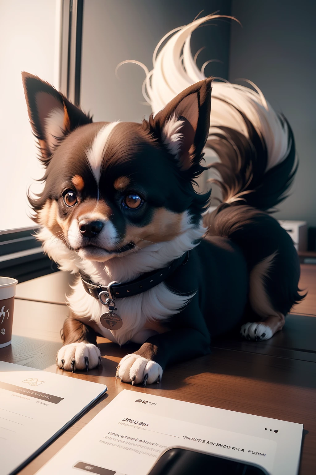 crie 4 imagens diferentes um cachorro lulu da pomerania, preto com detalhes dourados no olho e no peito, uma patinha da frente com a ponta branca, sentado, Next to an iPhone 14 on top of an office desk, olhando para frente em uma pose em uma qualidade 8k fullHd